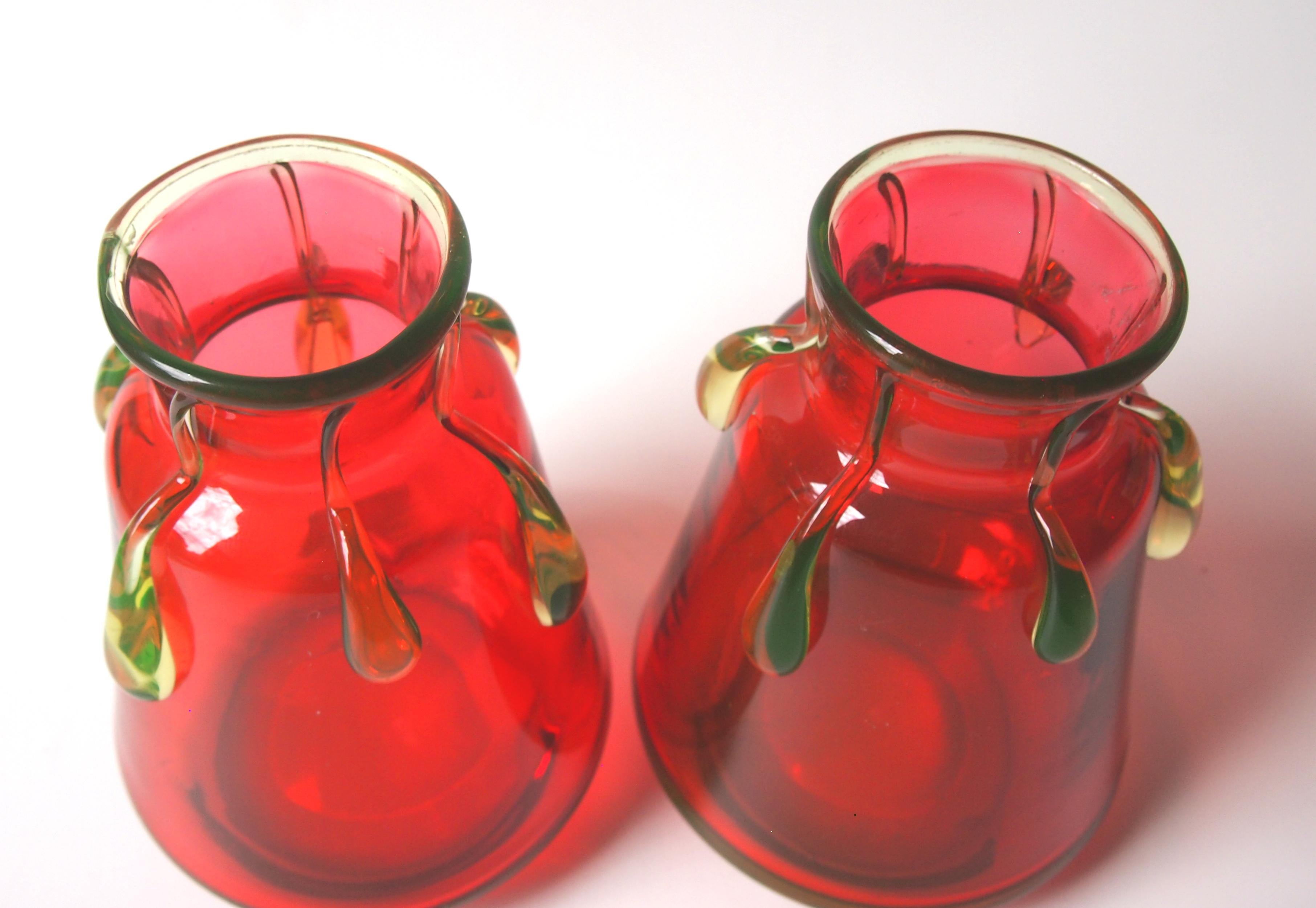 Late 19th Century Late Victorian Harrach Orange-Red and Unranium Drip Vases
