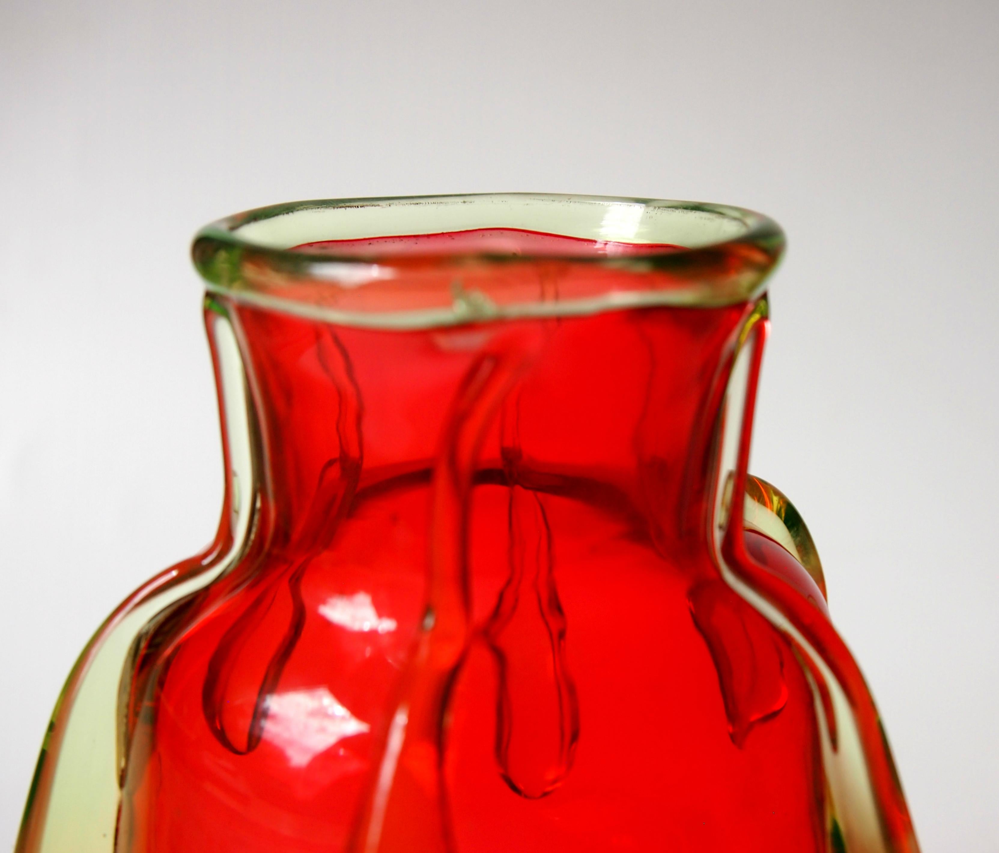 Late Victorian Harrach Orange-Red and Unranium Drip Vases 1