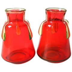 Late Victorian Harrach Orange-Red and Unranium Drip Vases