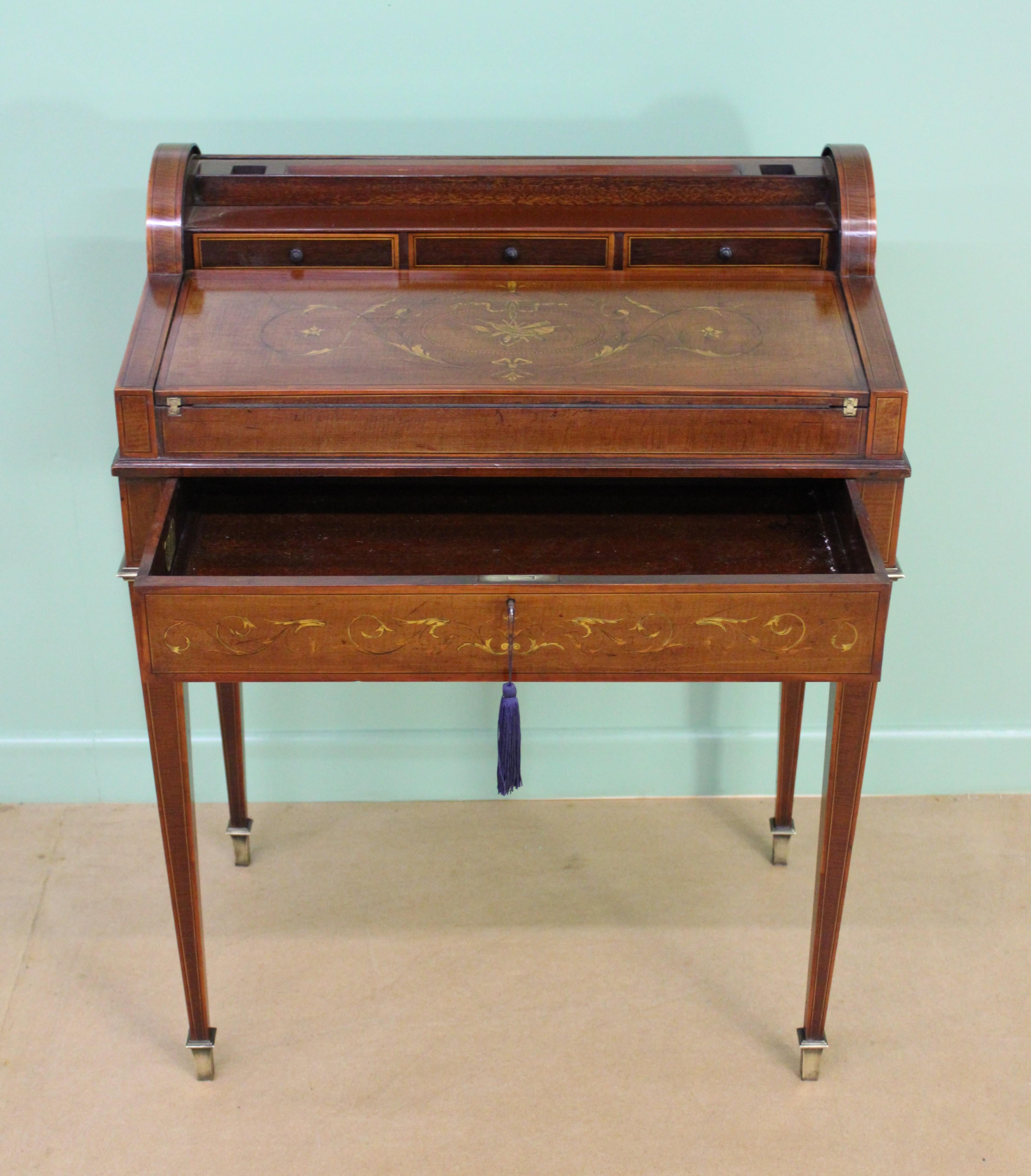 Late Victorian Inlaid Mahogany Tambour Bureau by Druce and Co. of London 7
