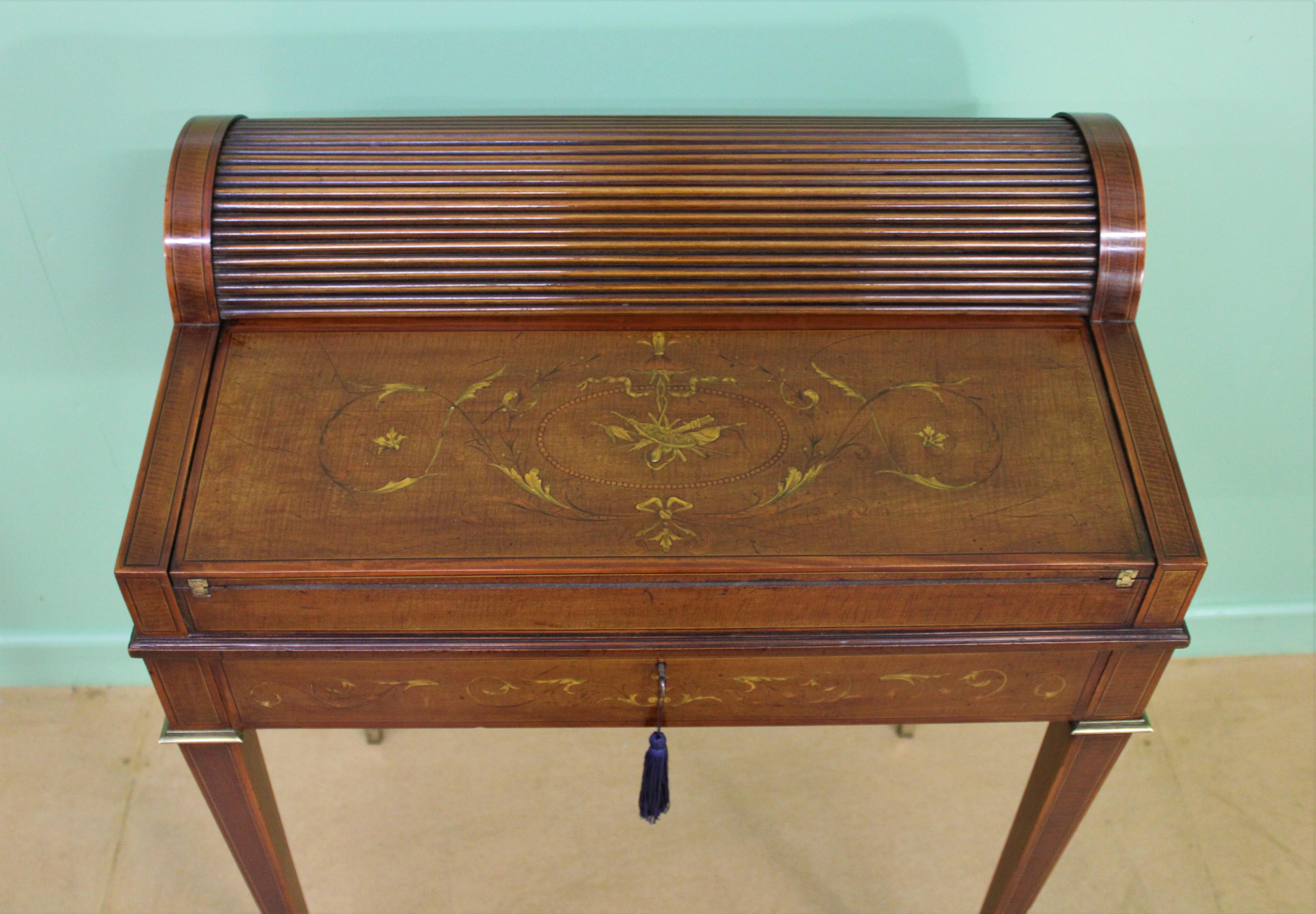 English Late Victorian Inlaid Mahogany Tambour Bureau by Druce and Co. of London