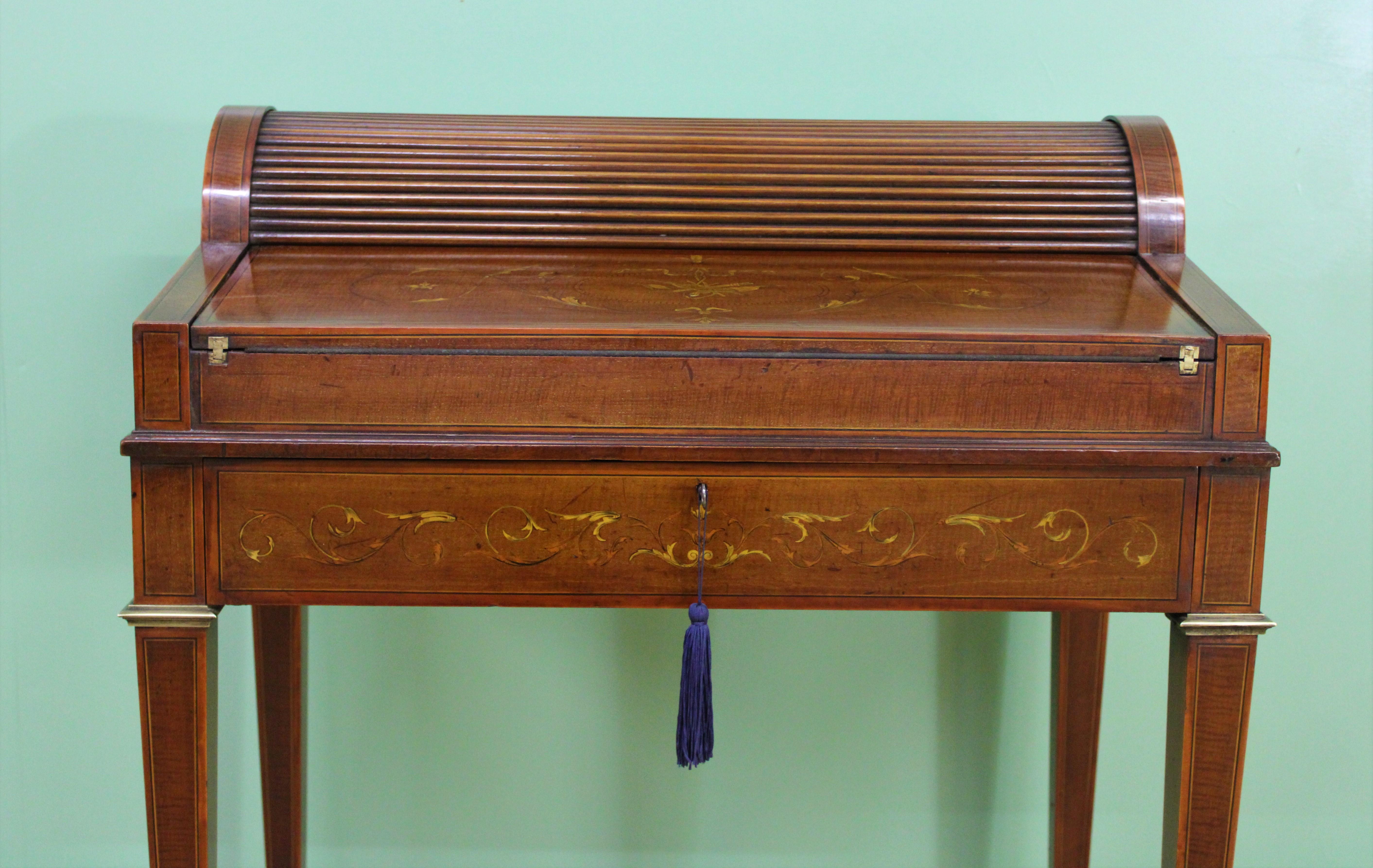 Inlay Late Victorian Inlaid Mahogany Tambour Bureau by Druce and Co. of London