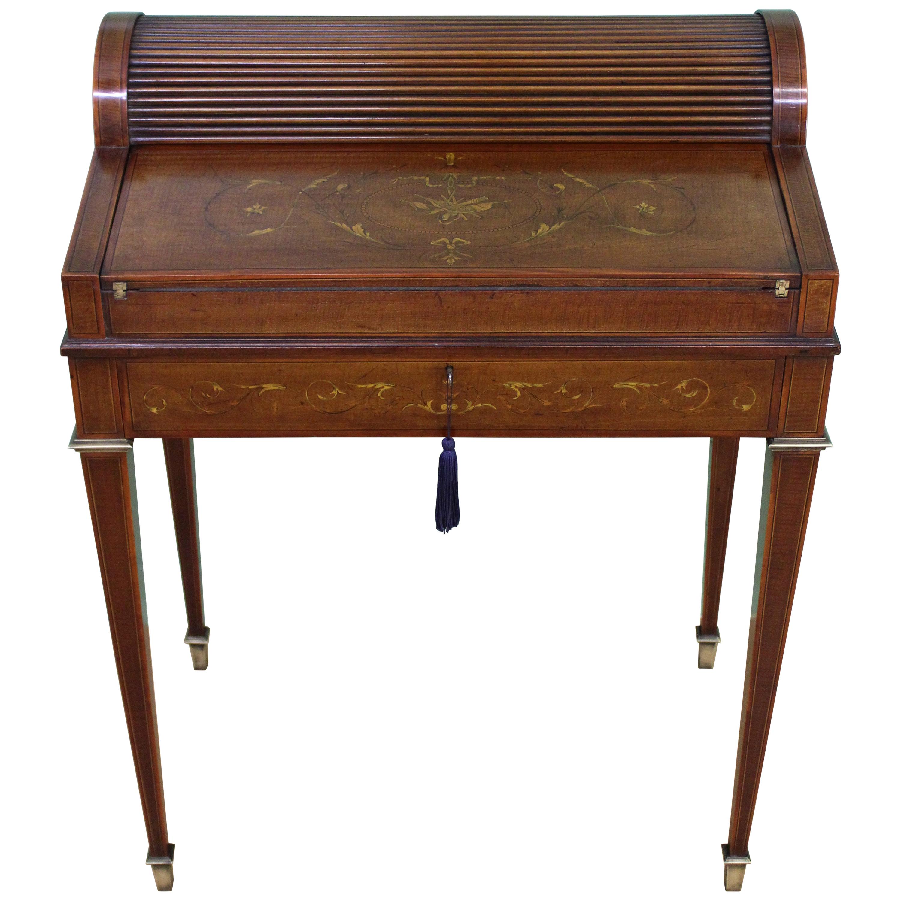 Late Victorian Inlaid Mahogany Tambour Bureau by Druce and Co. of London