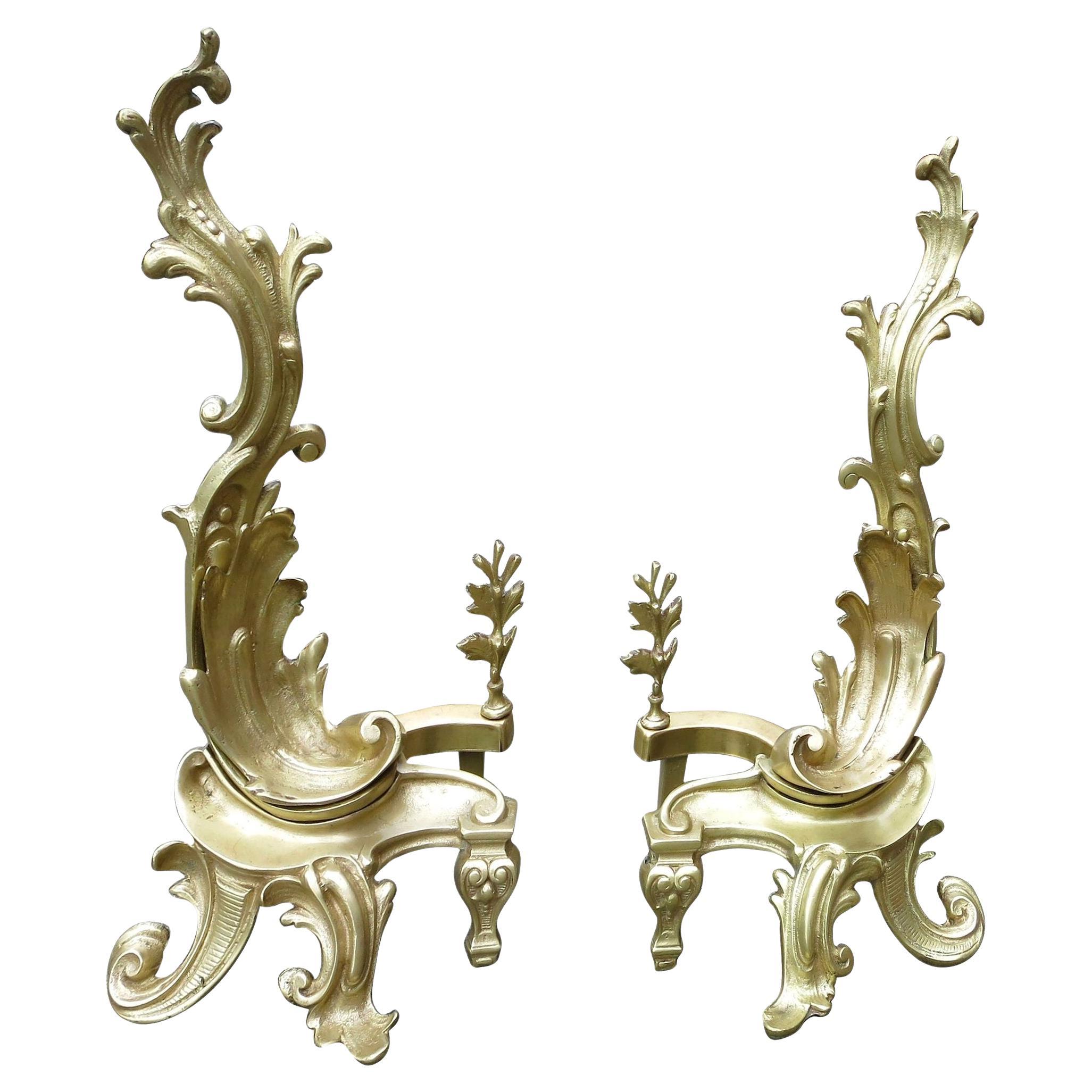 Late Victorian Italian Brass Rococo Style Fireplace Andirons For Sale
