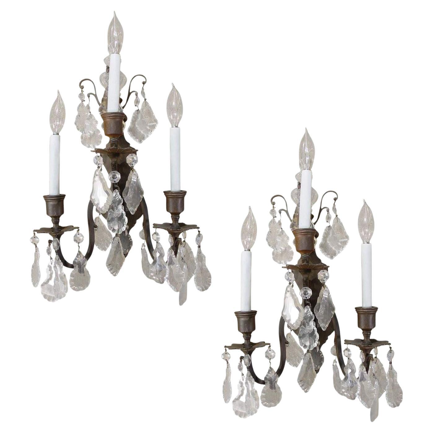 Late Victorian Italian Cut Crystal Bronze Wall Sconce, Pair