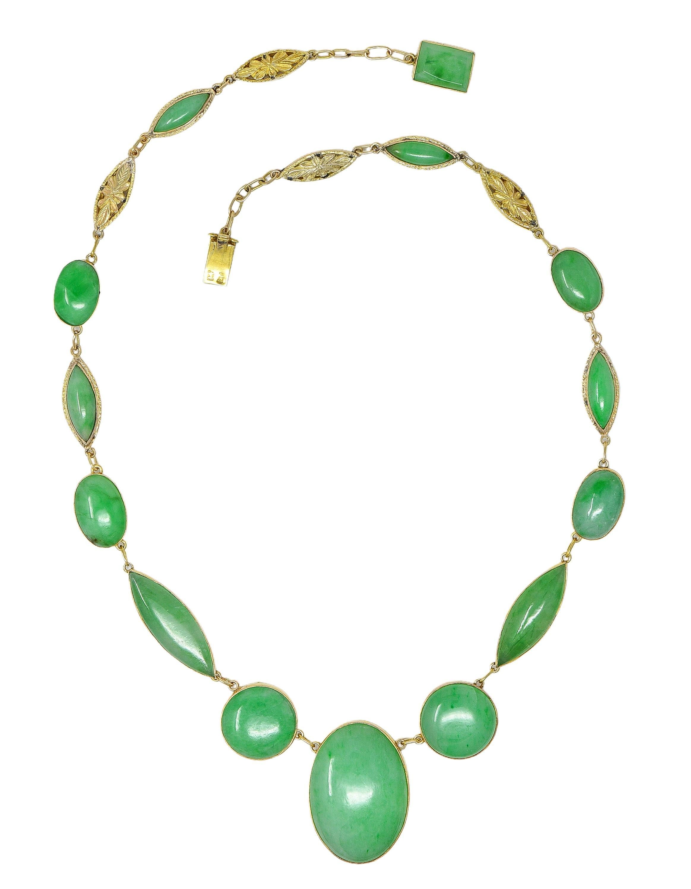 Victorien tardif Fin de l'époque victorienne Jade Or jaune 14 carats Antique Floral Fancy Link Drop Necklace en vente