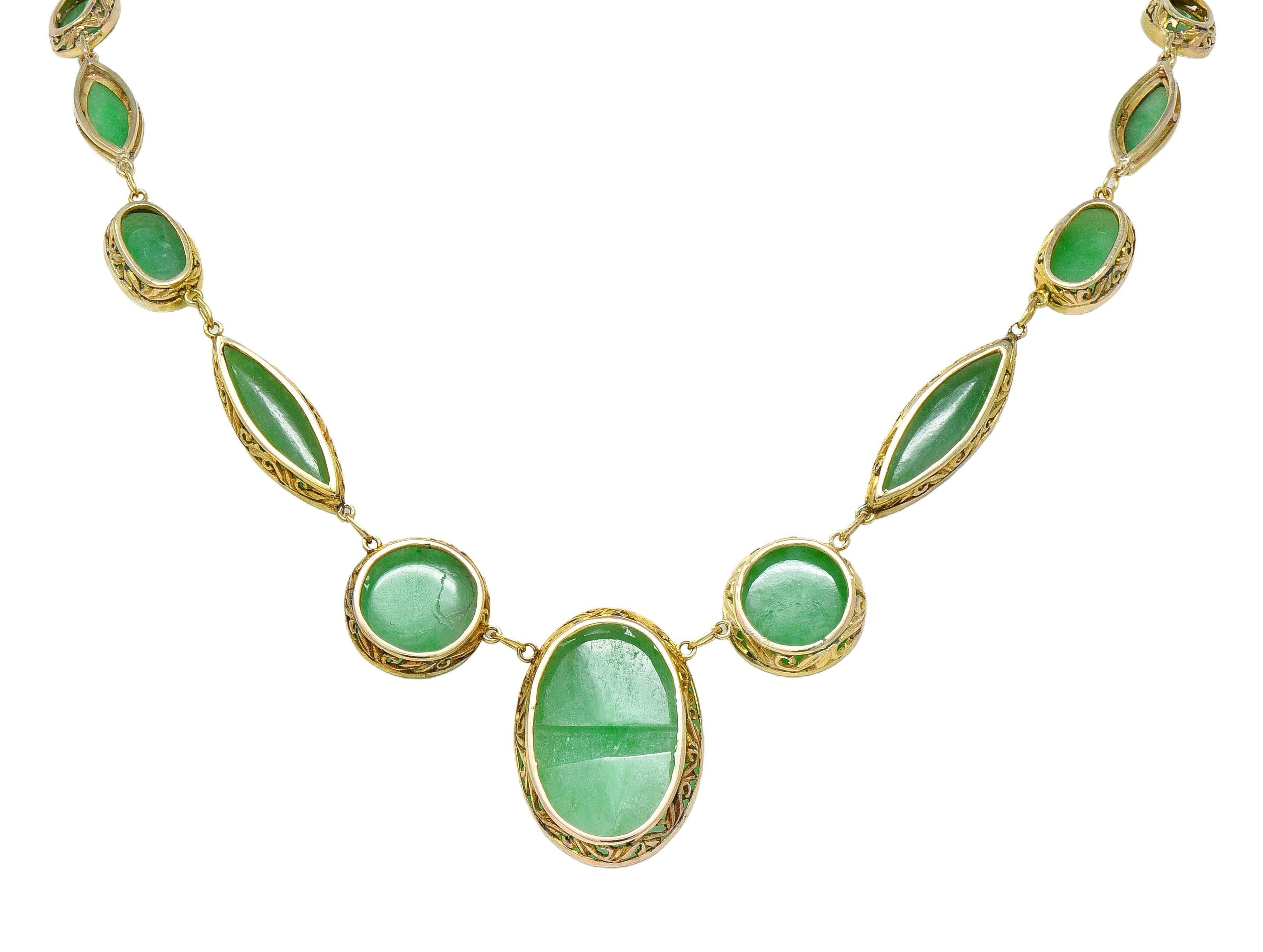 Fin de l'époque victorienne Jade Or jaune 14 carats Antique Floral Fancy Link Drop Necklace Excellent état - En vente à Philadelphia, PA
