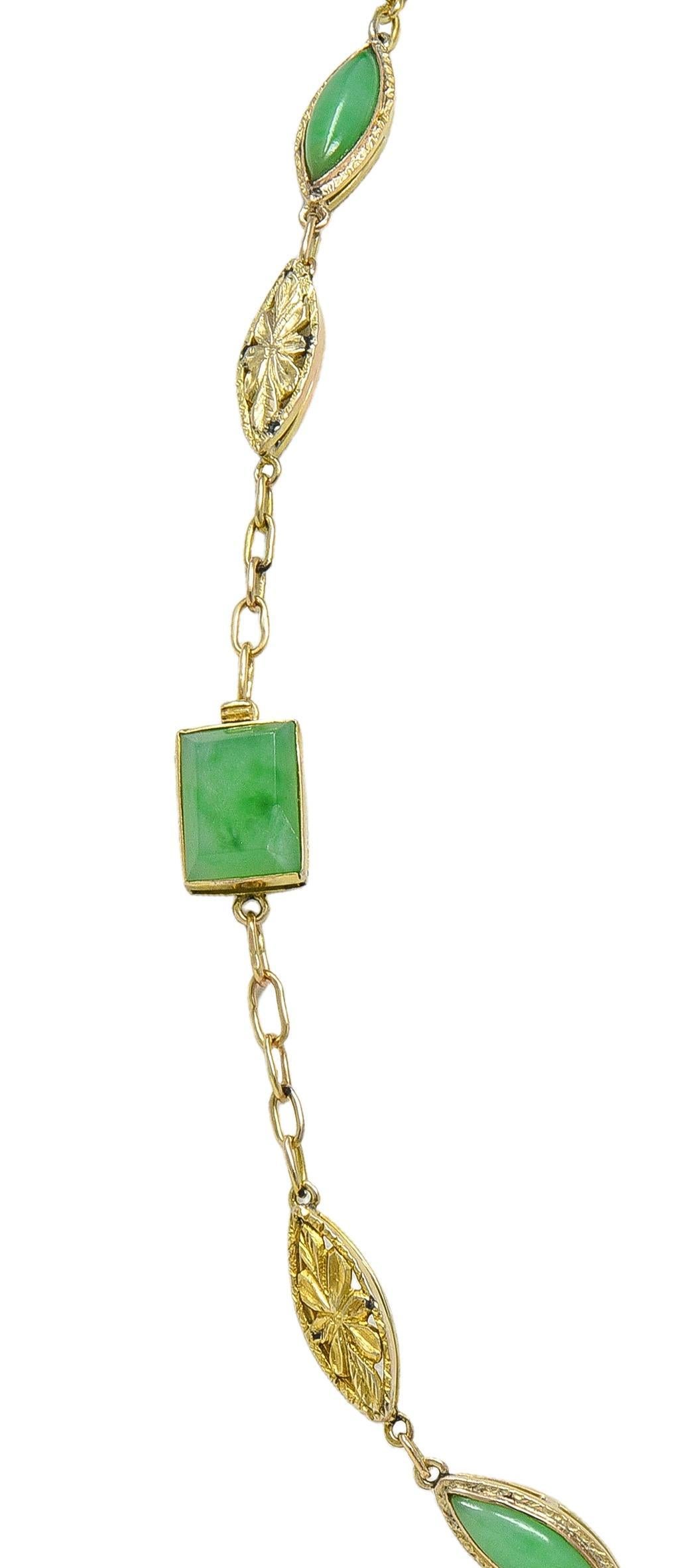 Fin de l'époque victorienne Jade Or jaune 14 carats Antique Floral Fancy Link Drop Necklace en vente 2