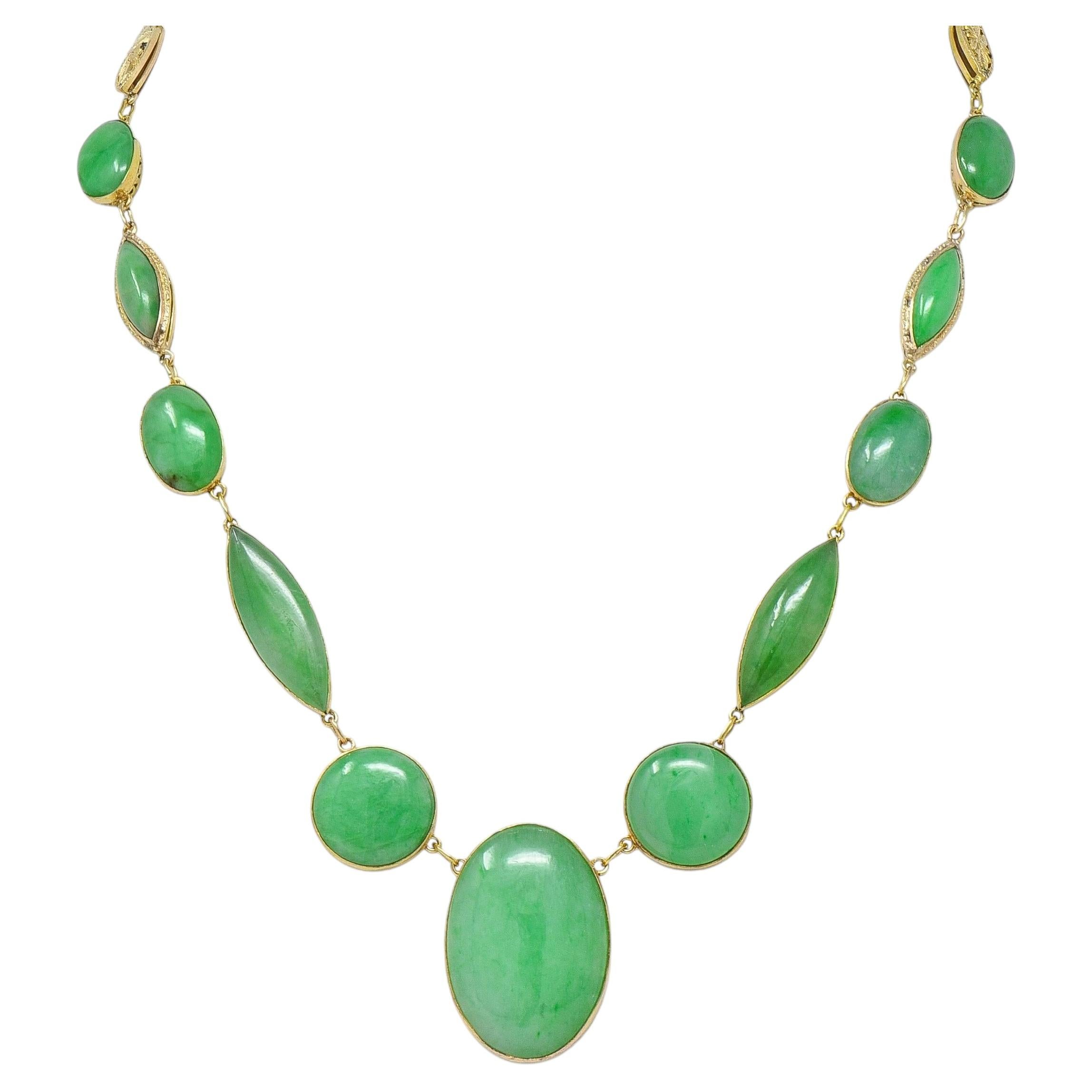 Spätviktorianische Jade 14 Karat Gelbgold Antike Floral Fancy Link Drop Halskette