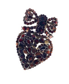 Late Victorian Large Garnet Heart Locket Bow Brooch Pendant