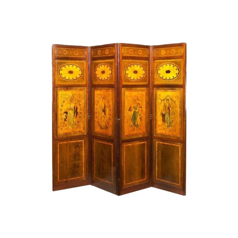 A late victorian inlaid four fold drafts screen, attributed to Hicks of Dublin For Sale
