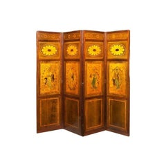 Antique A late victorian inlaid four fold drafts screen, attributed to Hicks of Dublin