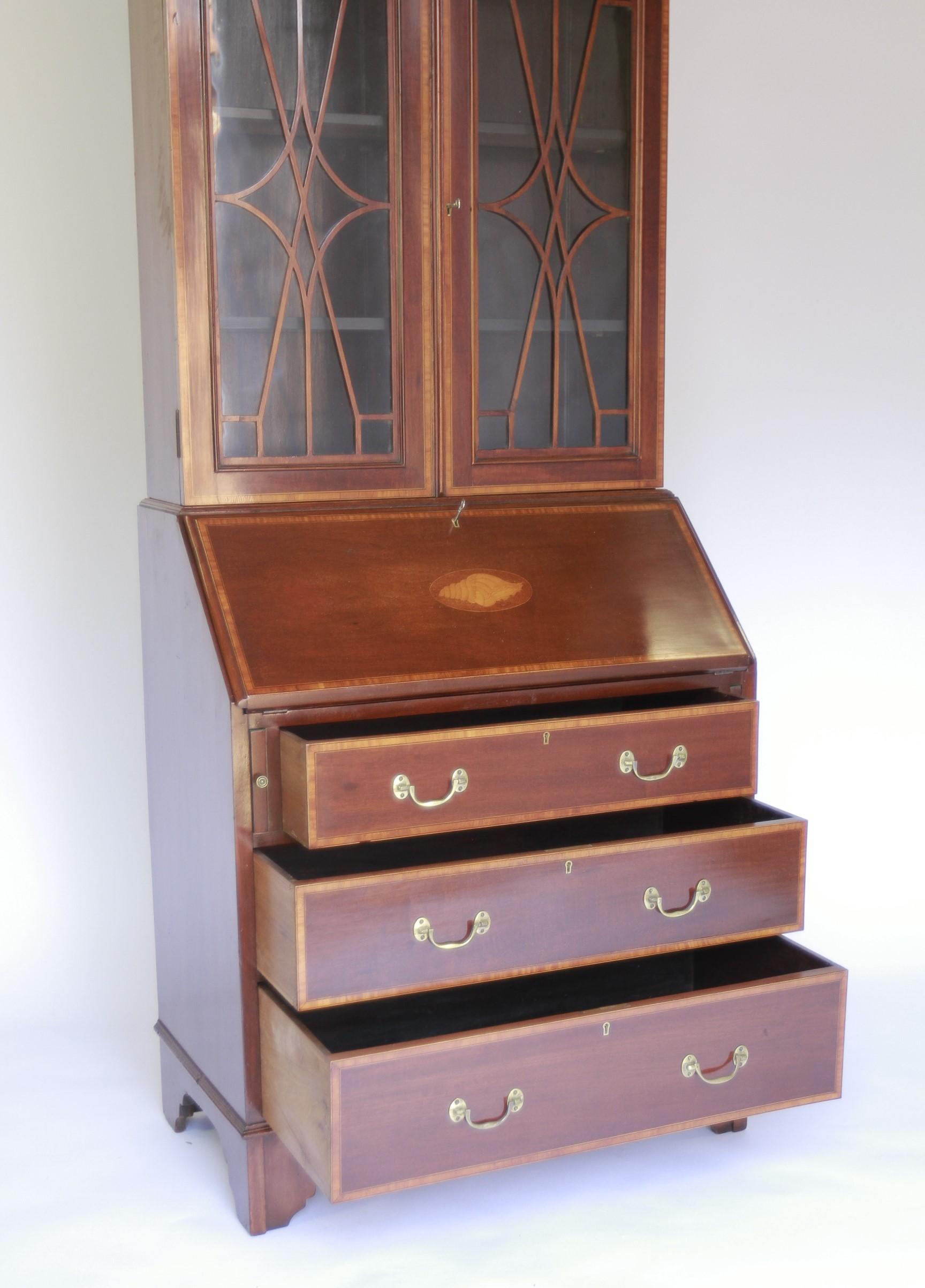 Sheraton Late Victorian Mahogany & inlaid Bureau Bookcase For Sale