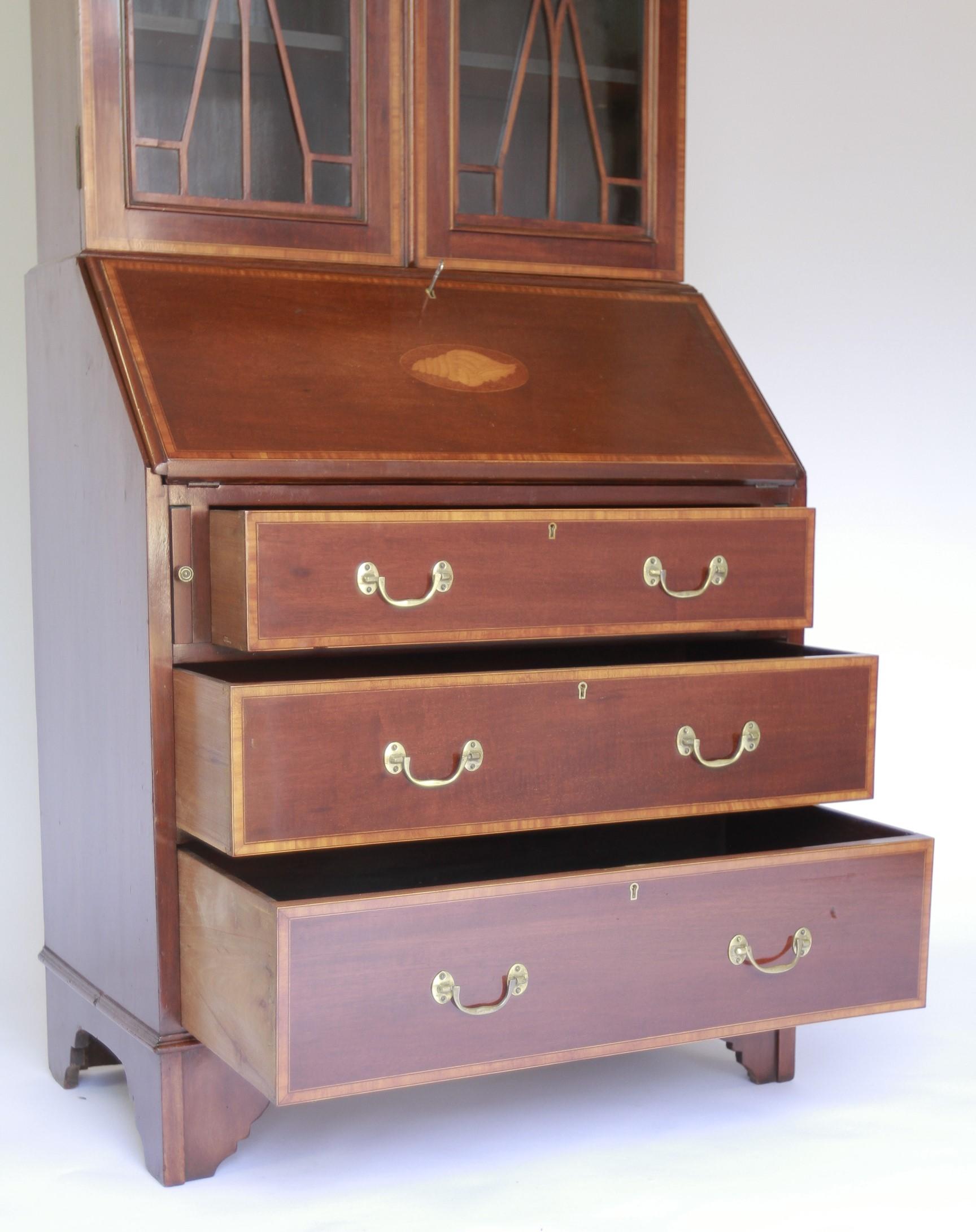 British Late Victorian Mahogany & inlaid Bureau Bookcase For Sale