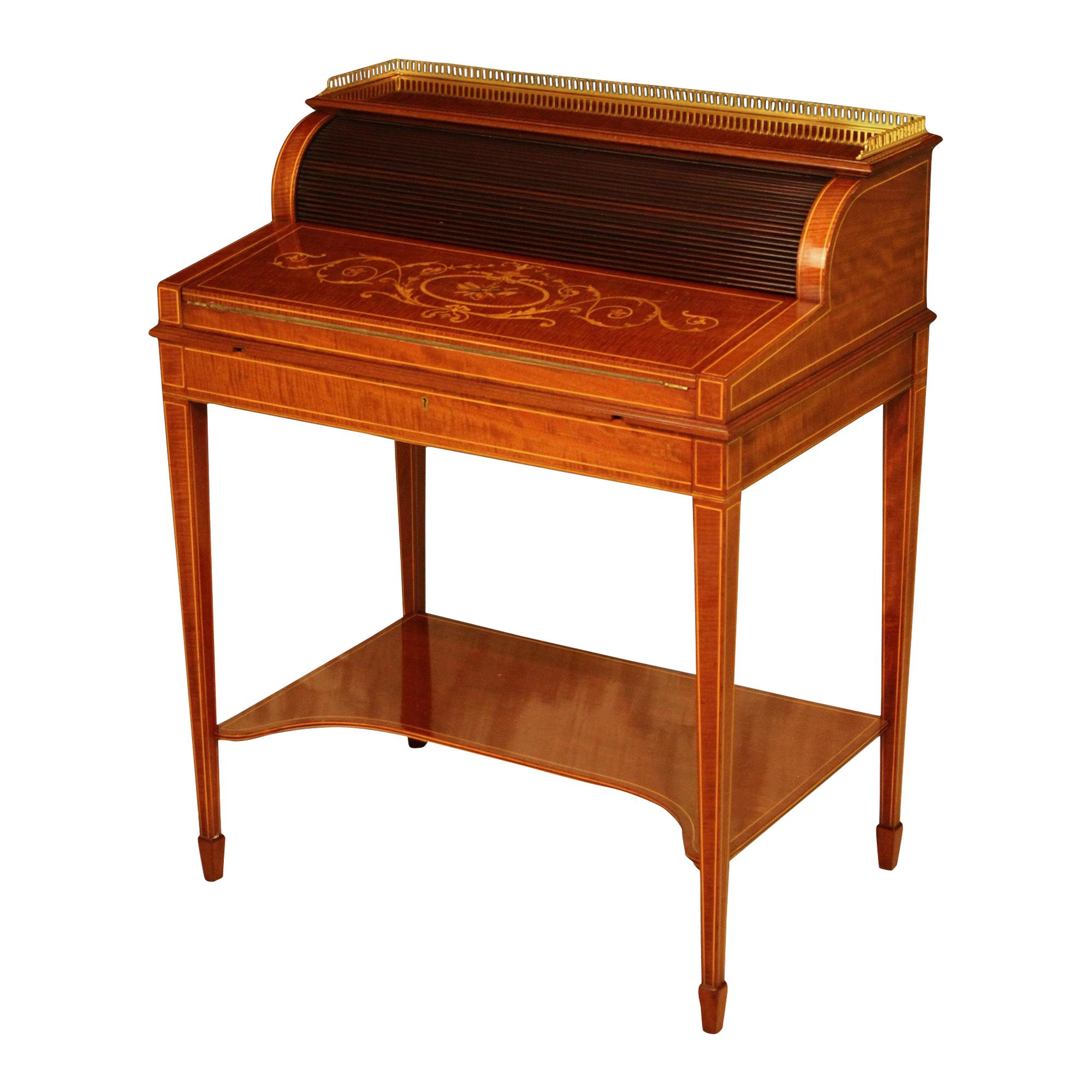 Late Victorian Mahogany Inlaid Cylinder Desk, circa 1890 For Sale