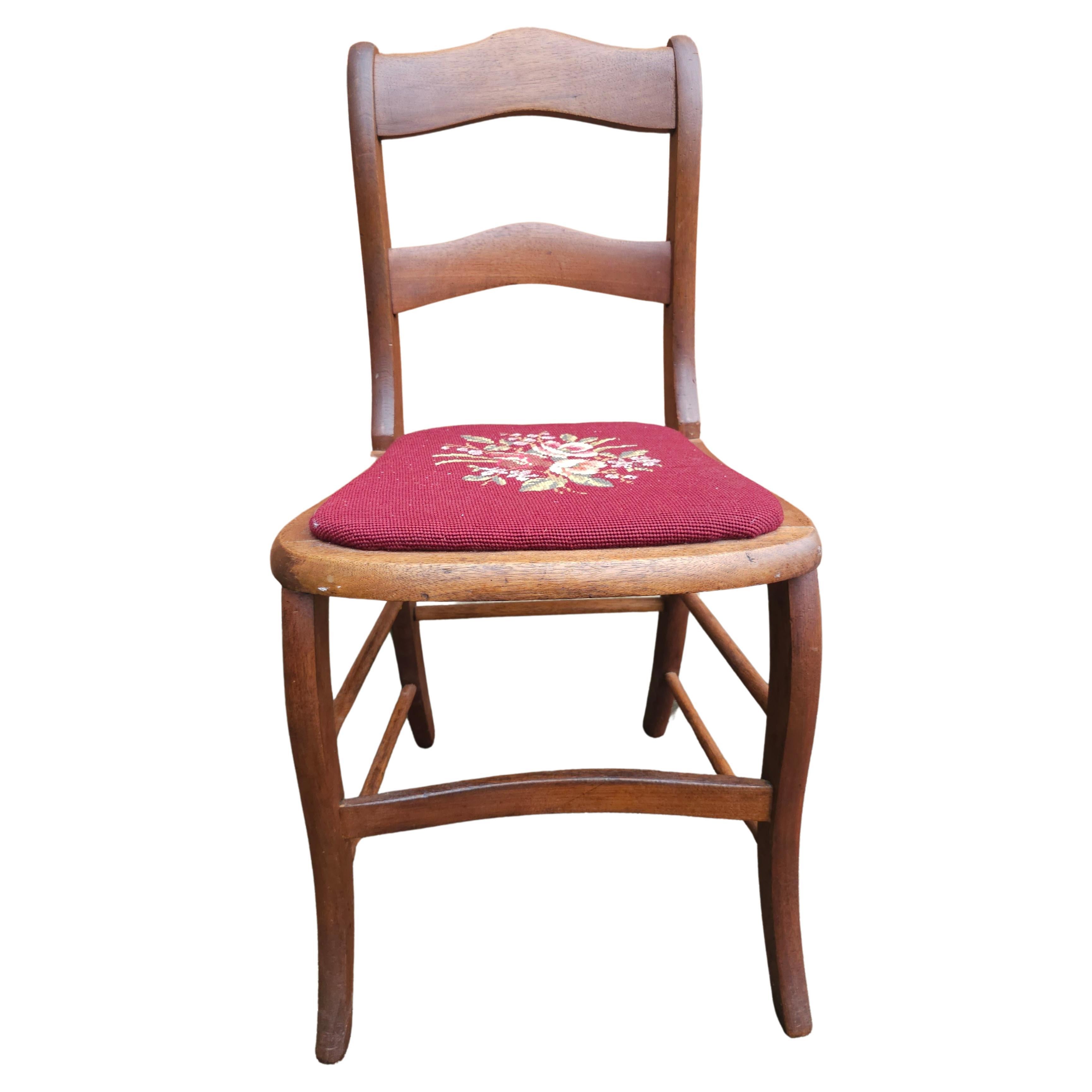 Late Victorian Mahogany Ladder Back and Needlepoint Upholstered Side Chair For Sale