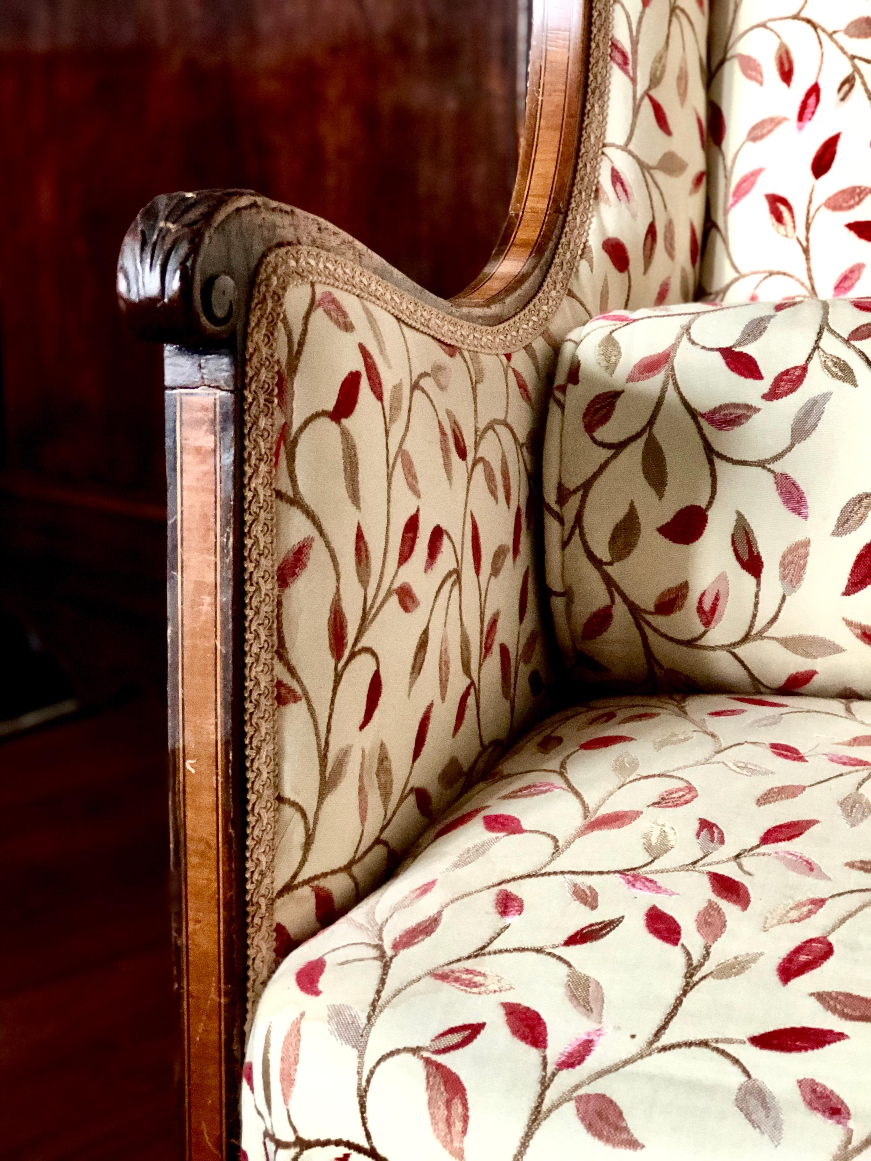 Late Victorian Mahogany Wing Armchair with Carved Frame and Ceramic Castors In Good Condition For Sale In Sofia, BG