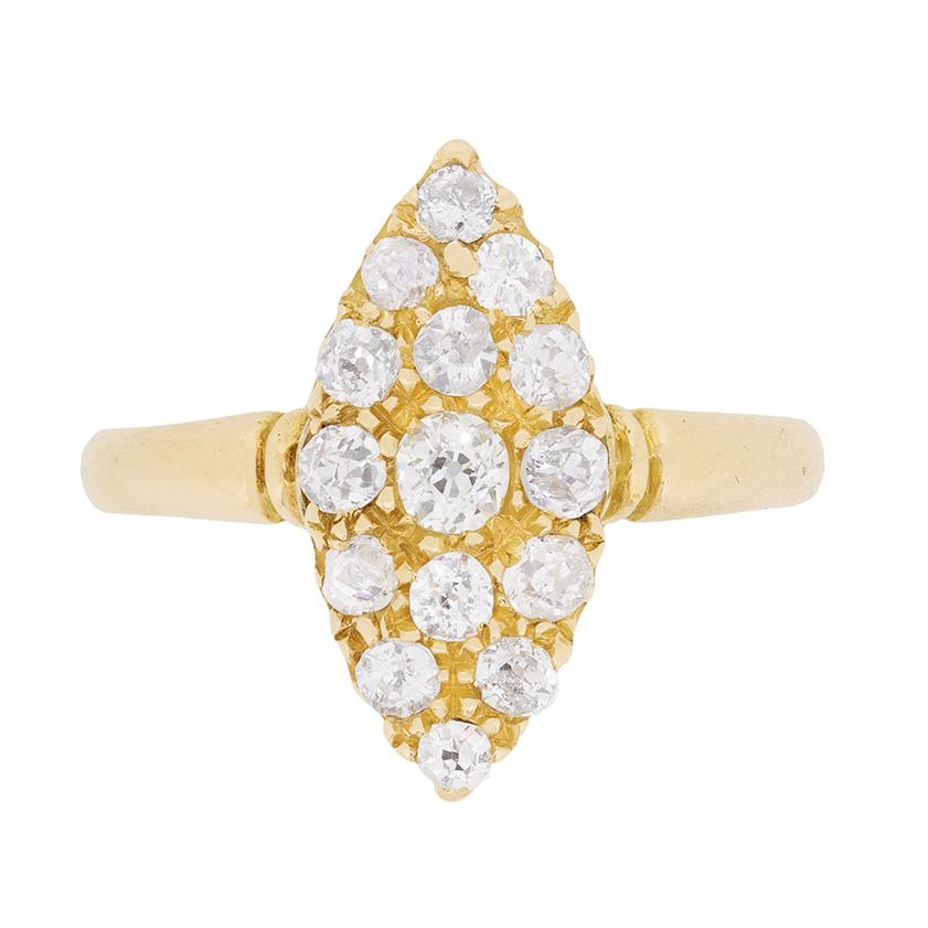 Late Victorian Marquise-Shaped Old Cut Diamond Cluster Ring, circa 1897