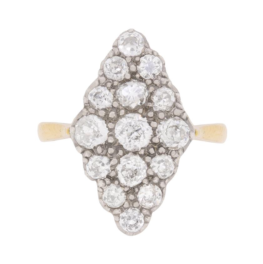 Late Victorian Marquise-Shaped Old Cut Diamond Cluster Ring, circa 1900s For Sale