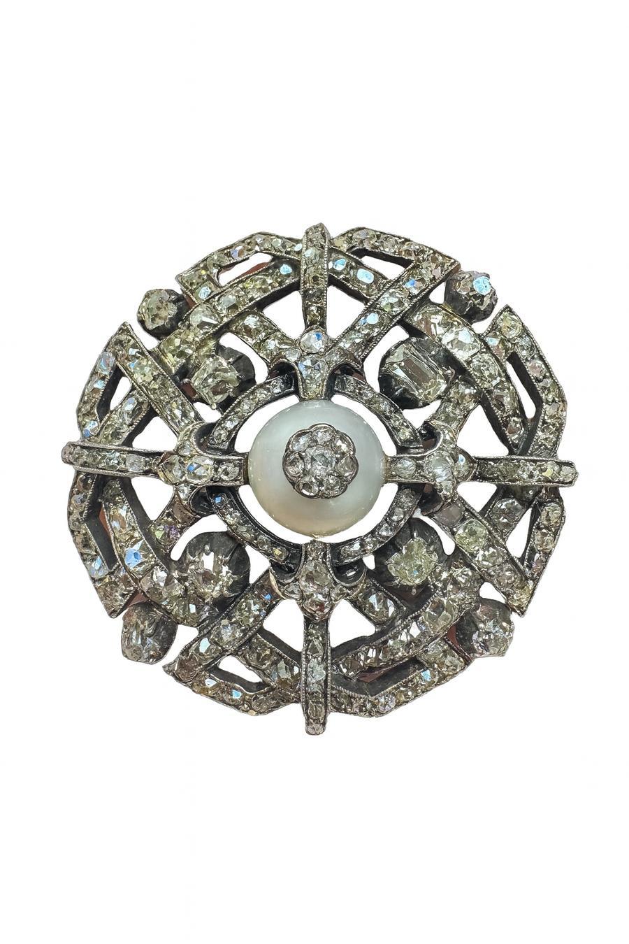 Broche victoriano tardío de perlas naturales y diamantes en oro de 14 quilates y plata