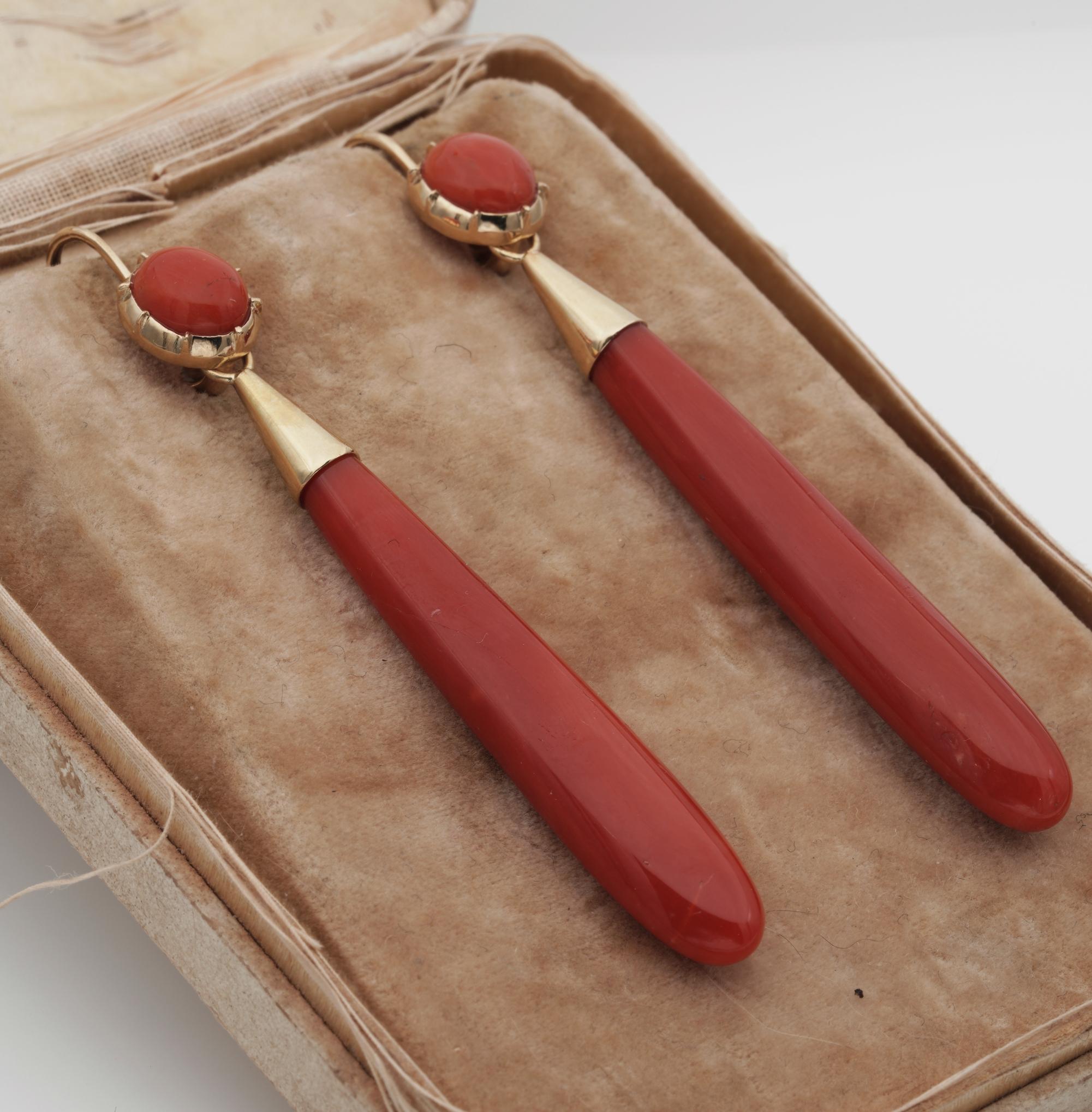 Late Victorian Victorian Natural Red Coral Night Day Long Torpedo Earrings For Sale