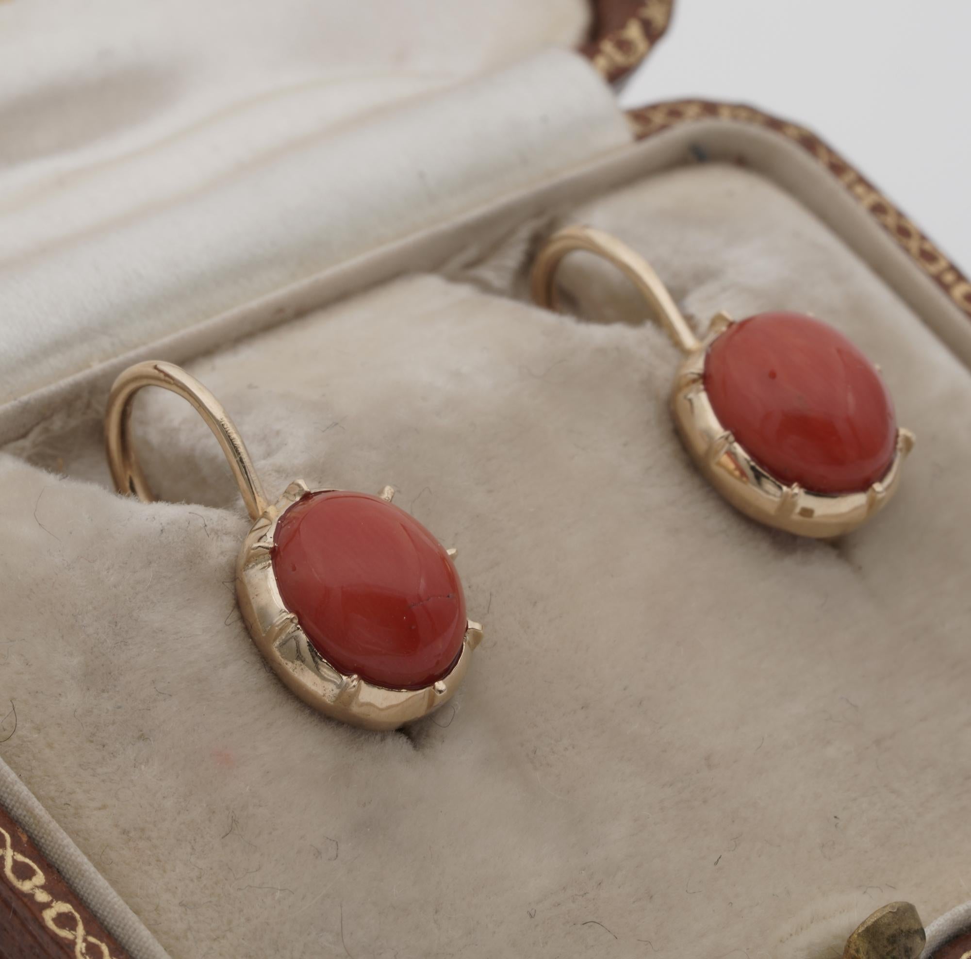 Cabochon Victorian Natural Red Coral Night Day Long Torpedo Earrings For Sale