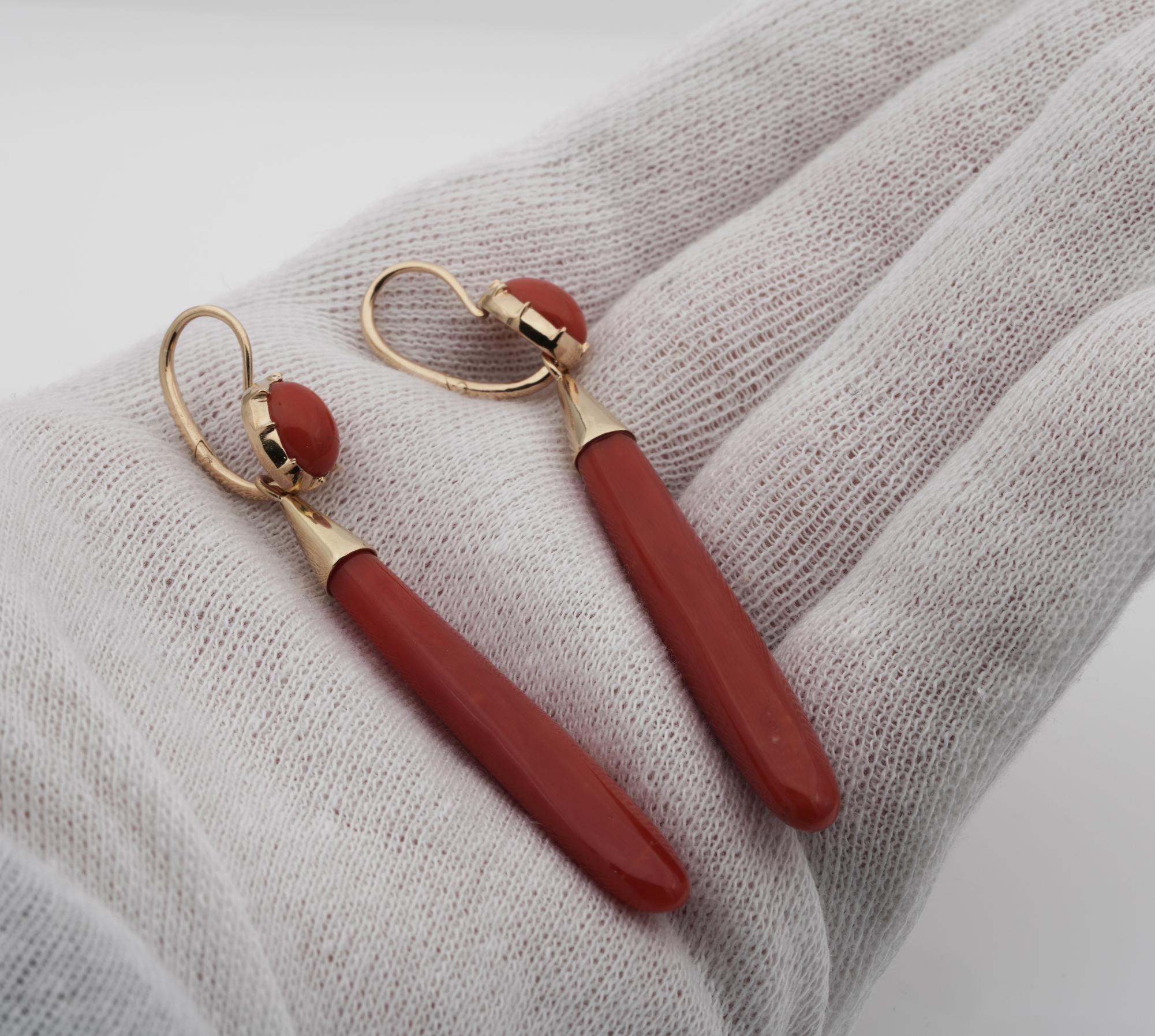 Victorian Natural Red Coral Night Day Long Torpedo Earrings For Sale 2