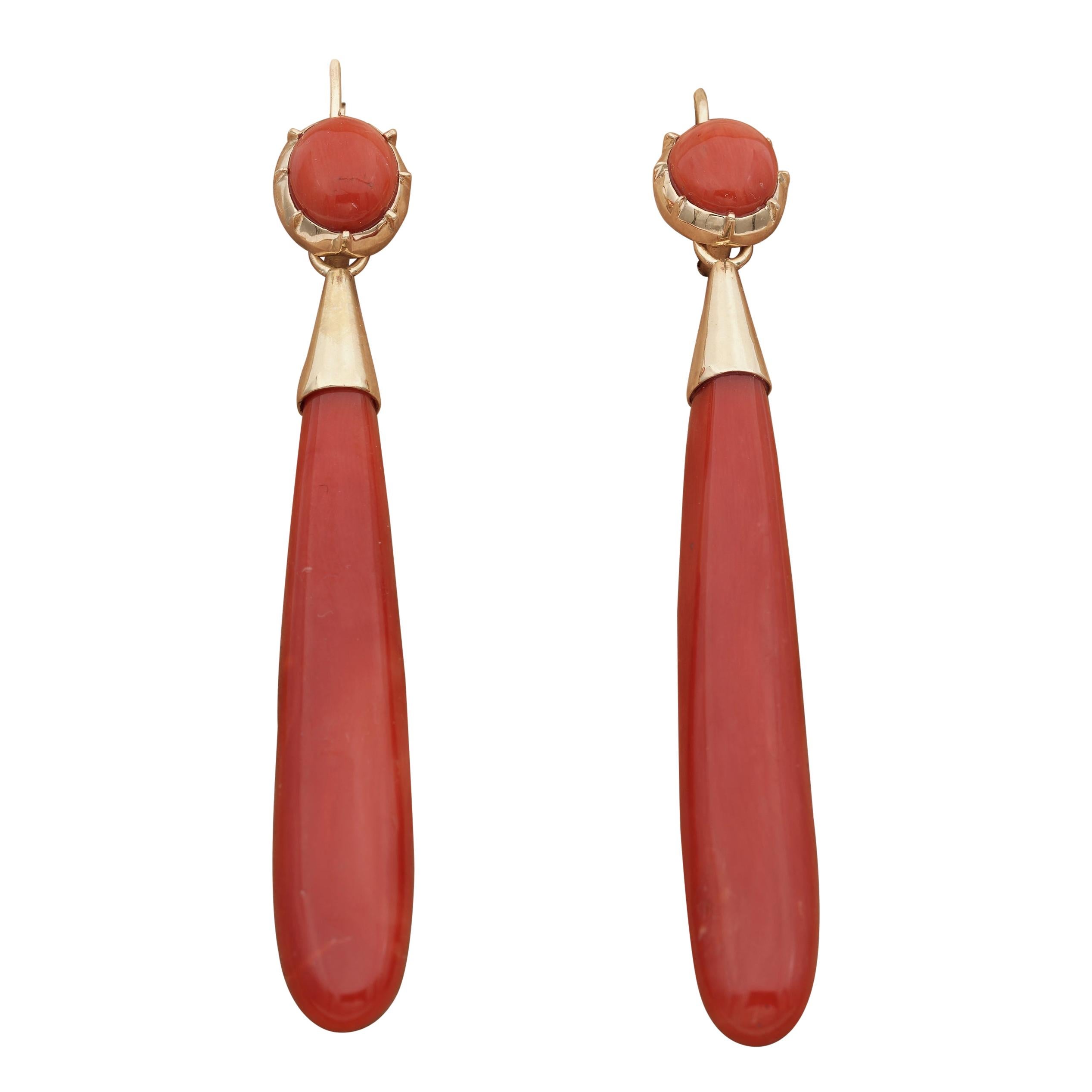 Victorian Natural Red Coral Night Day Long Torpedo Earrings For Sale
