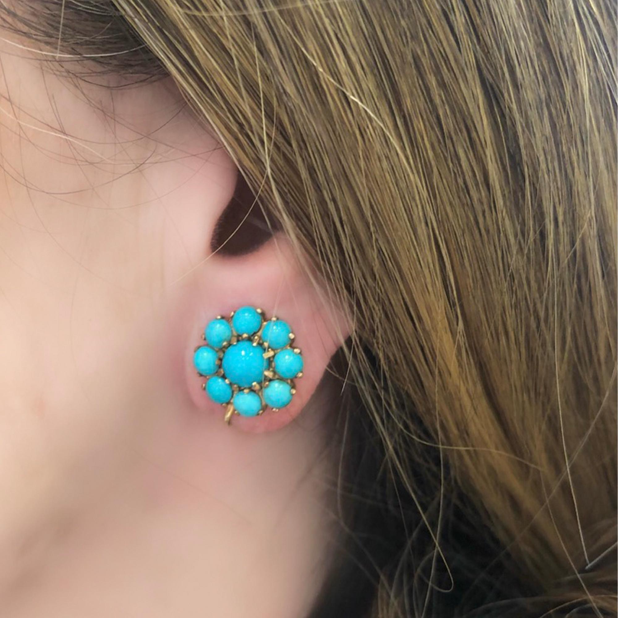 Late Victorian Natural Turquoise Florette Earrings in 10k In Excellent Condition For Sale In Miami, FL