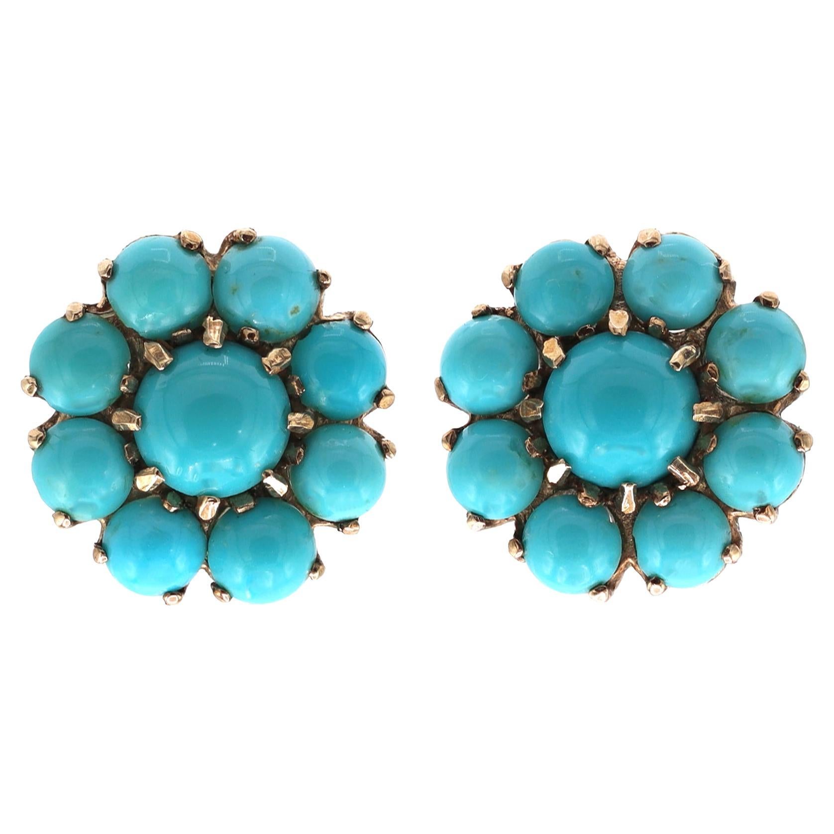 Late Victorian Natural Turquoise Florette Earrings in 10k