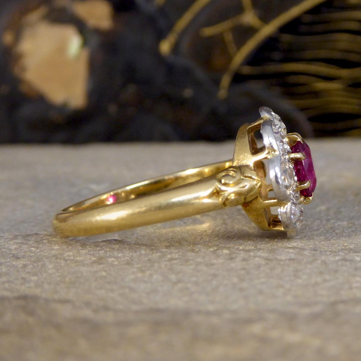 Old European Cut Late Victorian No Heat Burma Ruby and Diamond Cluster Ring in 18ct Yellow Gold For Sale
