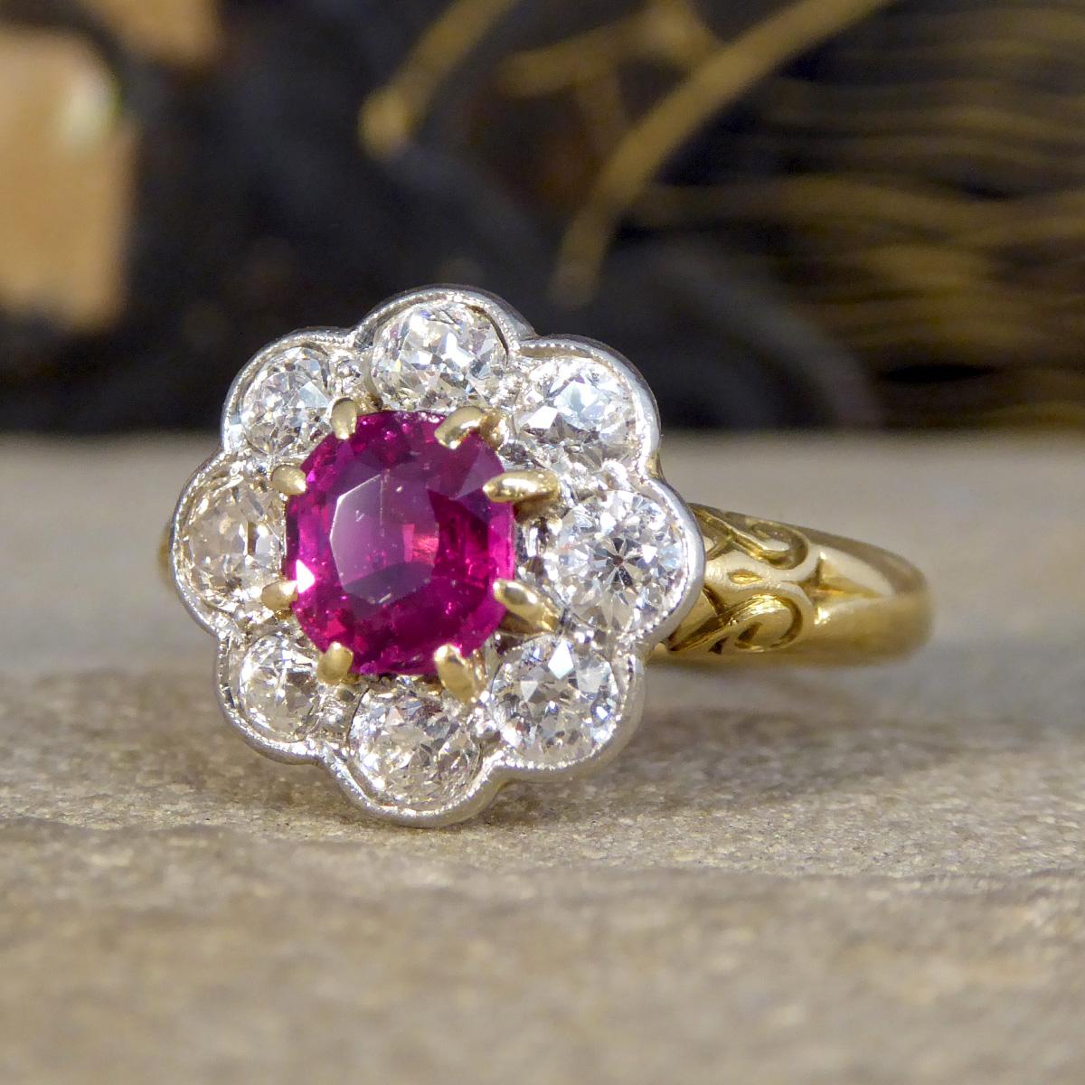 Women's Late Victorian No Heat Burma Ruby and Diamond Cluster Ring in 18ct Yellow Gold For Sale