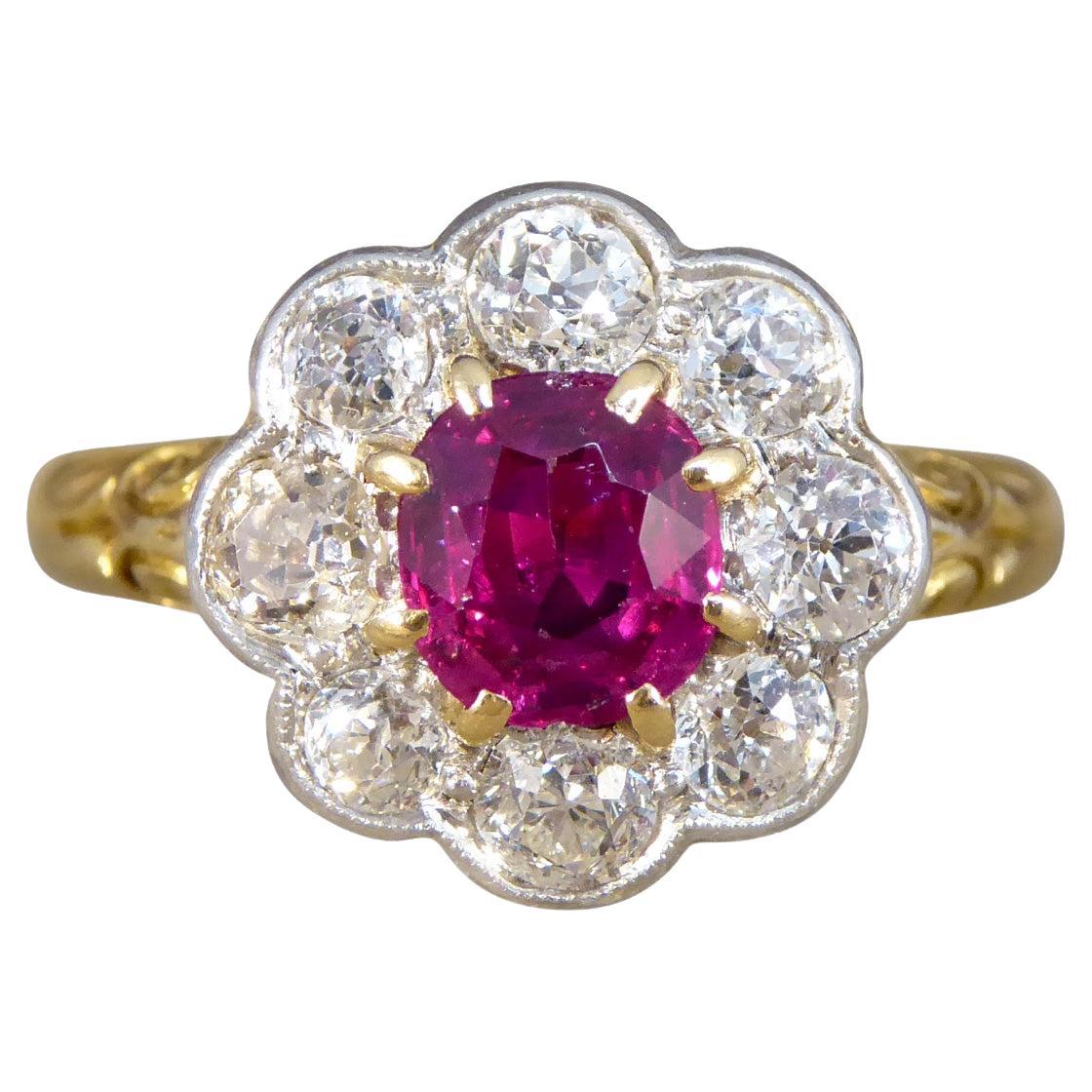 Late Victorian No Heat Burma Ruby and Diamond Cluster Ring in 18ct Yellow Gold For Sale