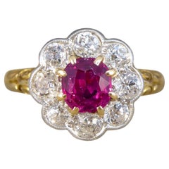 Antique Late Victorian No Heat Burma Ruby and Diamond Cluster Ring in 18ct Yellow Gold