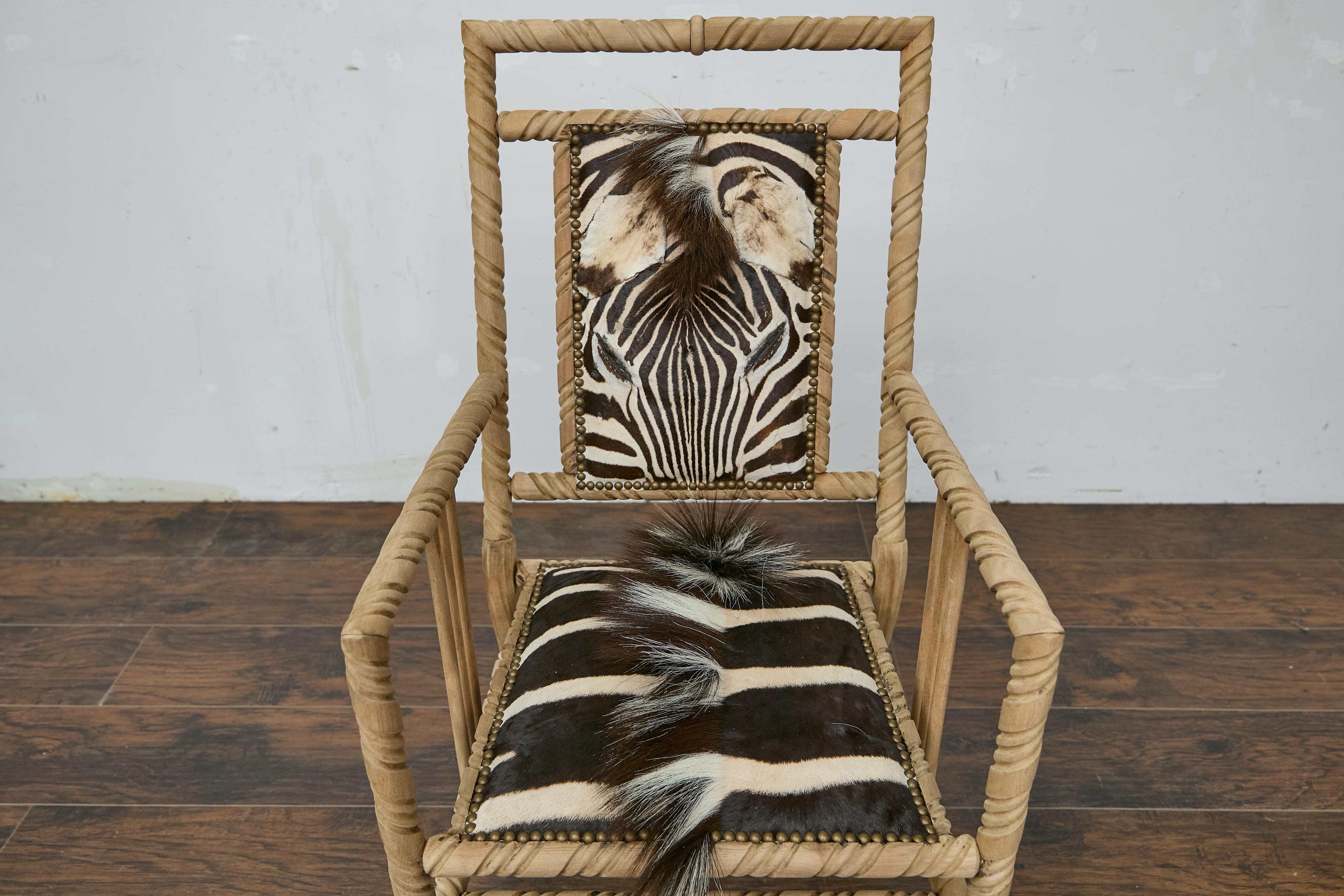 Sbiancato Poltrona tardo-vittoriana in Oak Barley Twist con pelle di zebra e piedi Ball and Claw in vendita