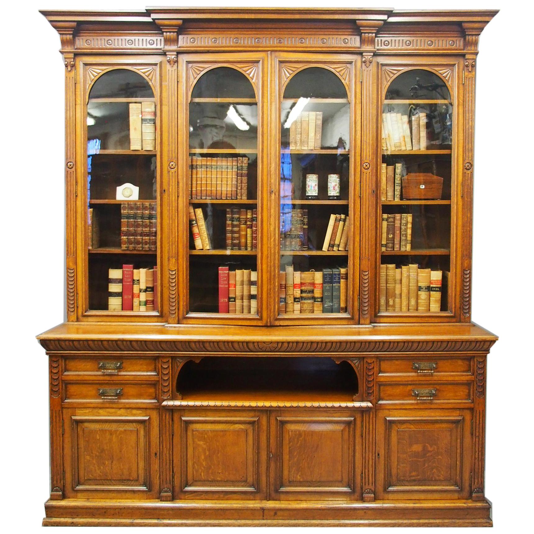 Late Victorian Oak Breakfront Bookcase For Sale