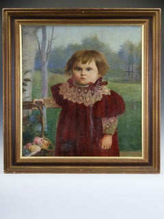 Late-Victorian Oil Portrait of Child in Pastoral Landscape, Circa 1890