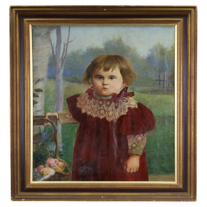 Late-Victorian Oil Portrait of Child in Pastoral Landscape, Circa 1890