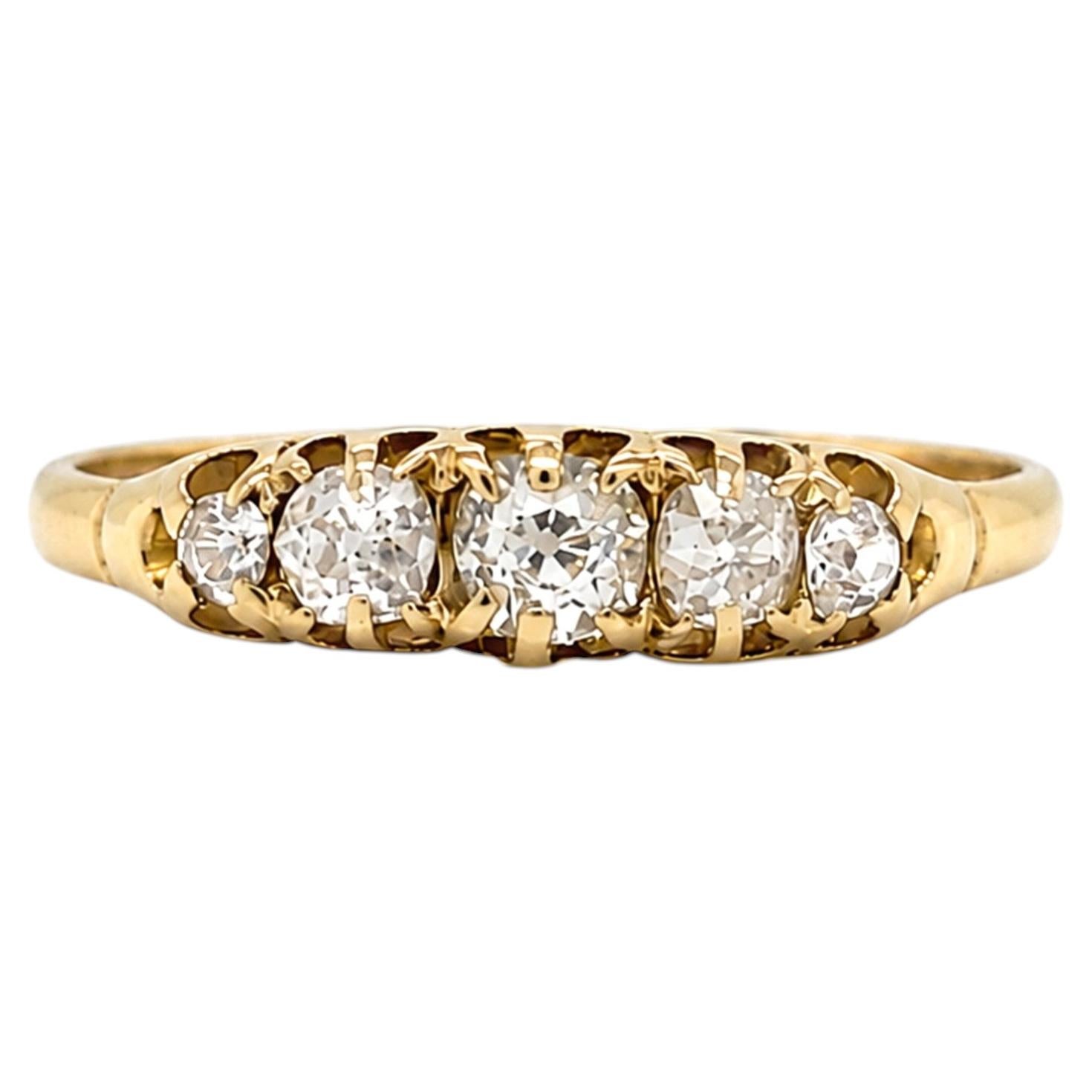 Late Victorian Old Cut Diamond 18 Carat Yellow Gold Five-Stone Ring, c.1870s