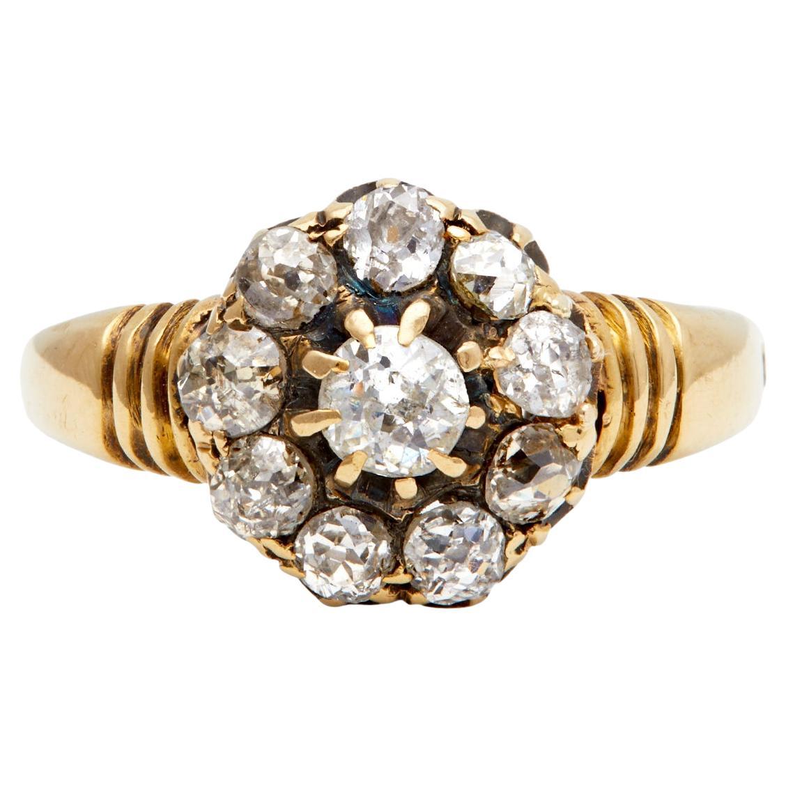 Late Victorian Old Cut Diamond 18k Yellow Gold Cluster Ring