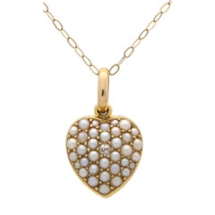 Late Victorian Old Cut Diamond and Pearl Heart Pendant in Yellow Gold