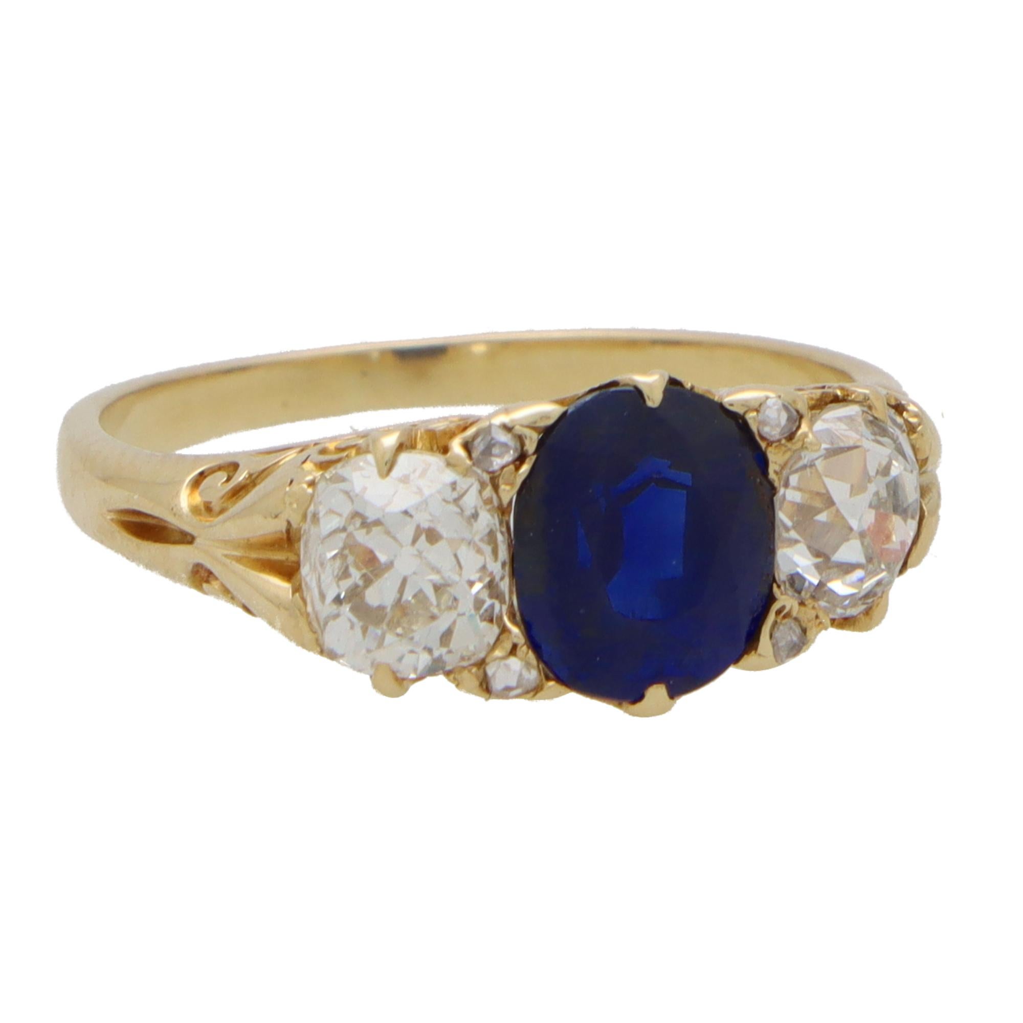 Women's or Men's Late Victorian Old Cut Diamond and Sapphire Three-Stone Ring in 18k Gold