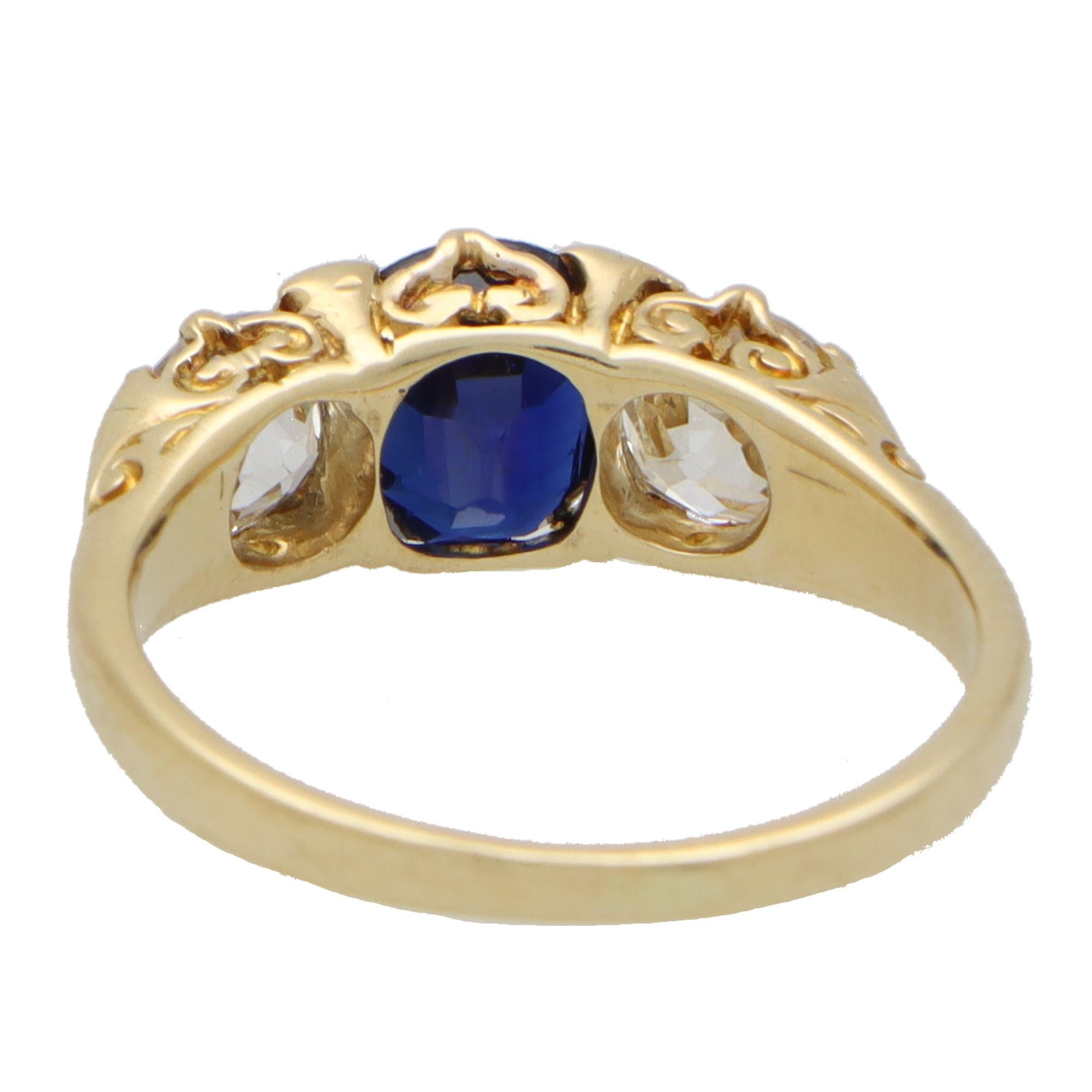 Late Victorian Old Cut Diamond and Sapphire Three-Stone Ring in 18k Gold 1