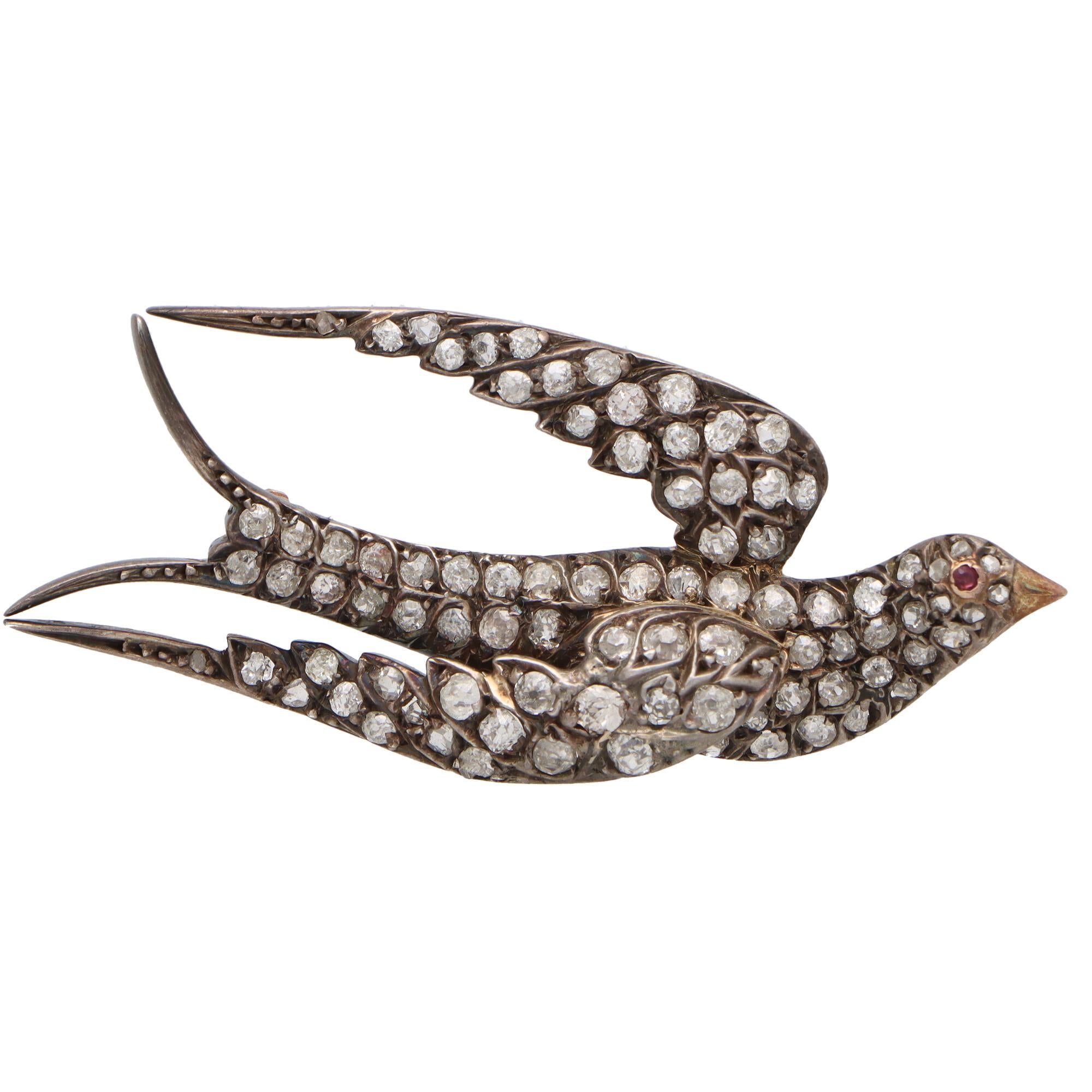 Old Mine Cut Late Victorian Old Cut Diamond Bird Brooch in Silver on Gold