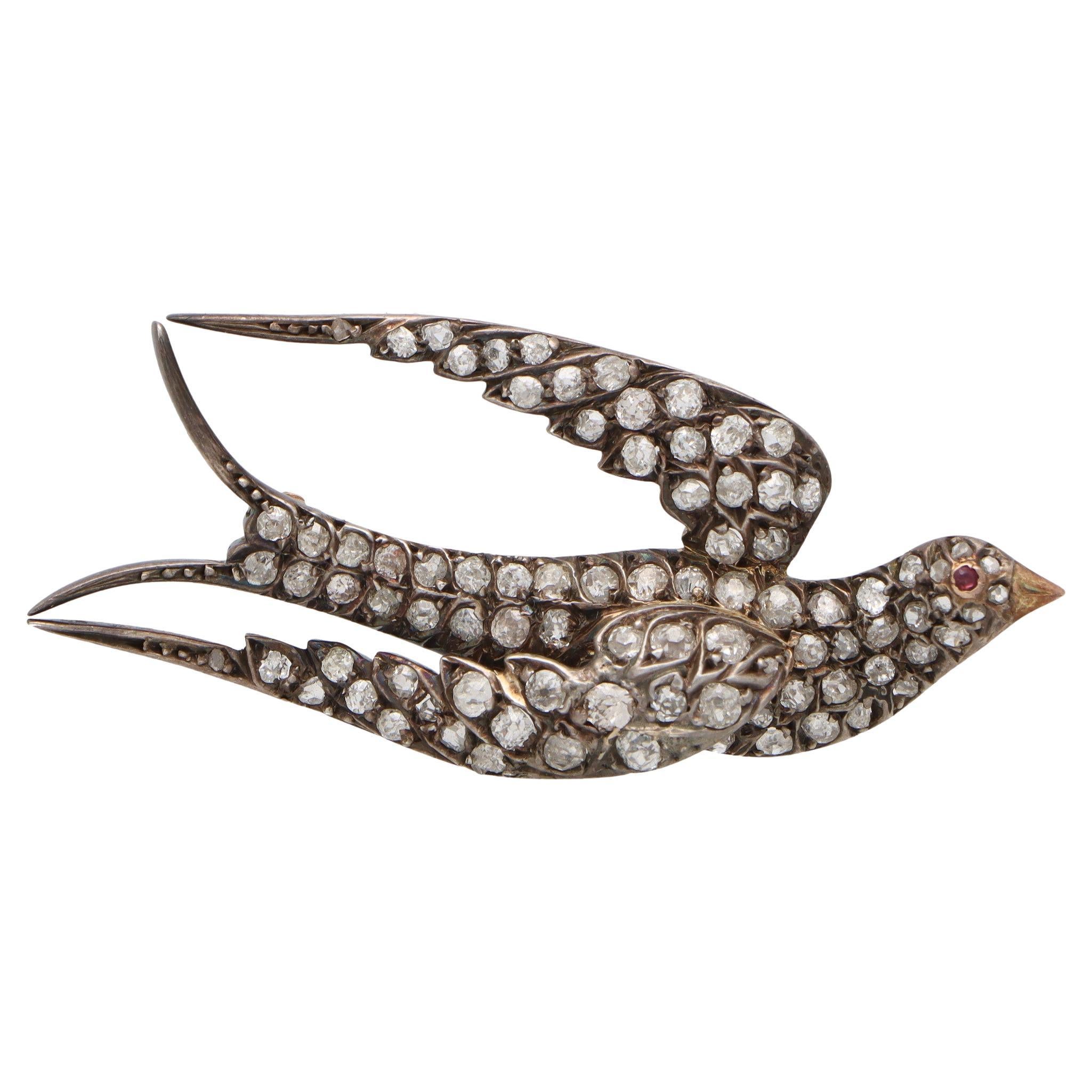 Late Victorian Old Cut Diamond Bird Brooch in Silver on Gold