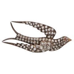 Antique Late Victorian Old Cut Diamond Bird Brooch in Silver on Gold
