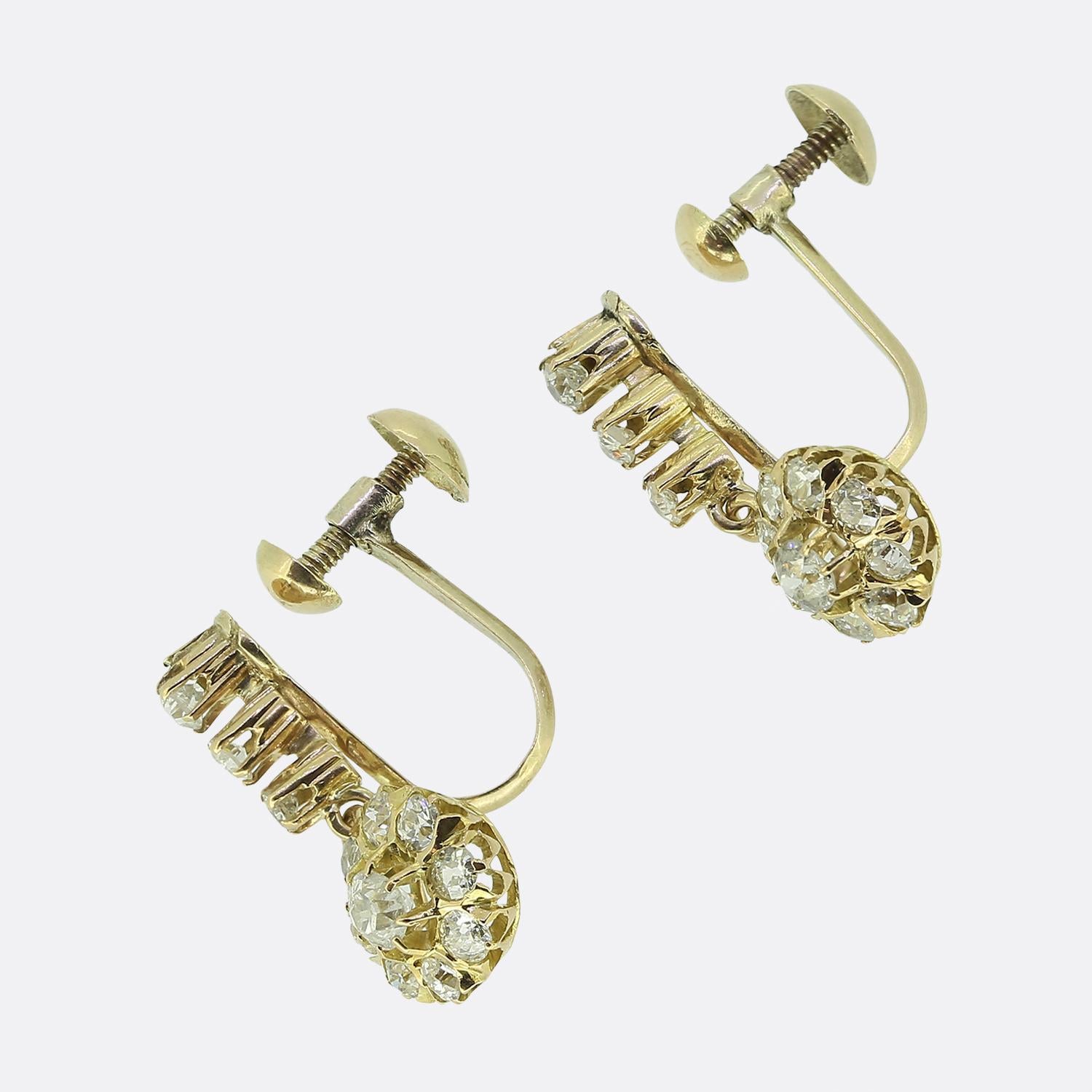 Taille vieille mine Boucles d'oreilles pendantes en diamant taille ancienne de la fin de l'époque victorienne en vente