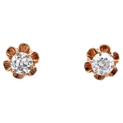 Late Victorian Old European Cut Diamond 14k Yellow Gold Buttercup Stud Earrings