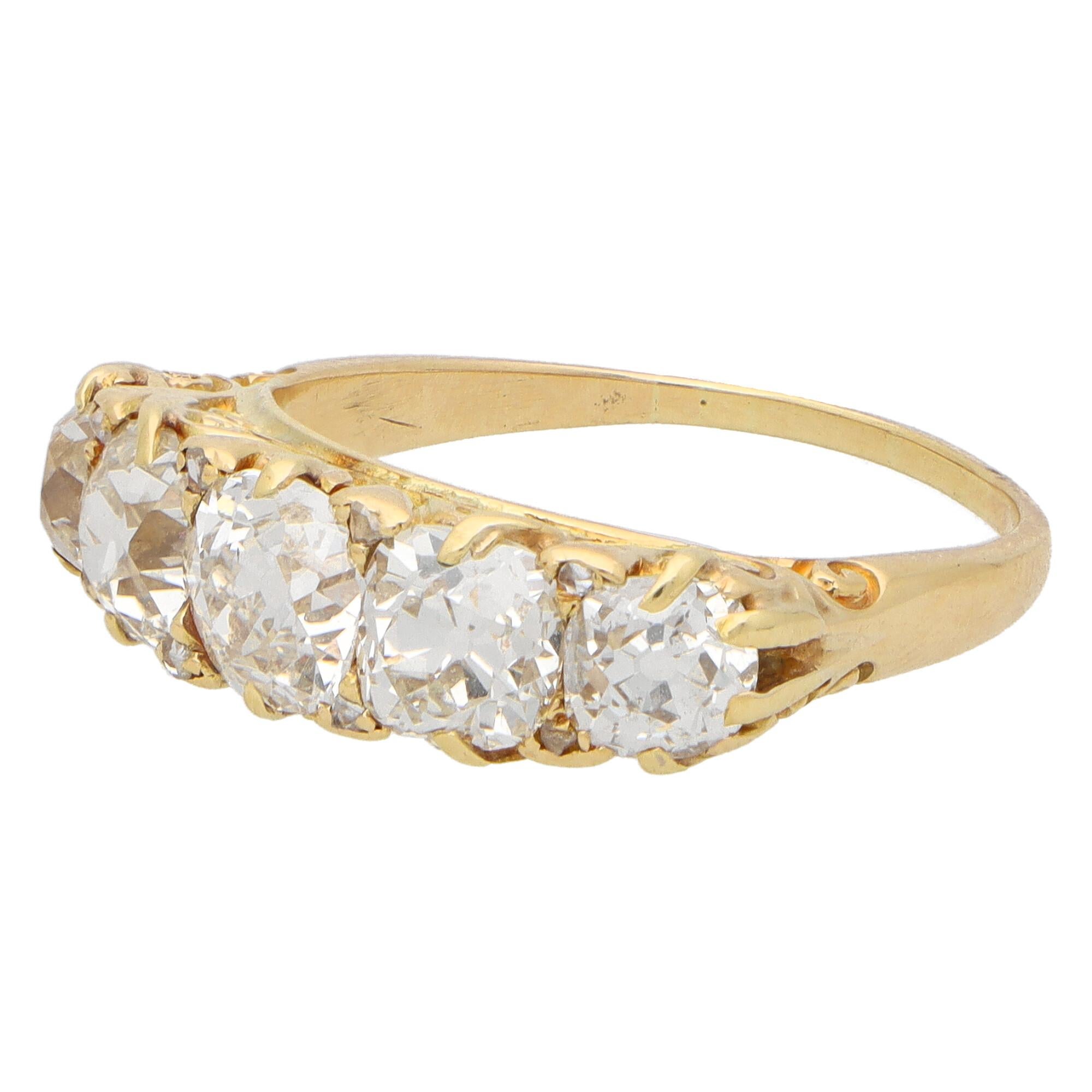 Late Victorian Old Mine Cut Diamond Five Stone Ring Set in 18k Yellow Gold 2