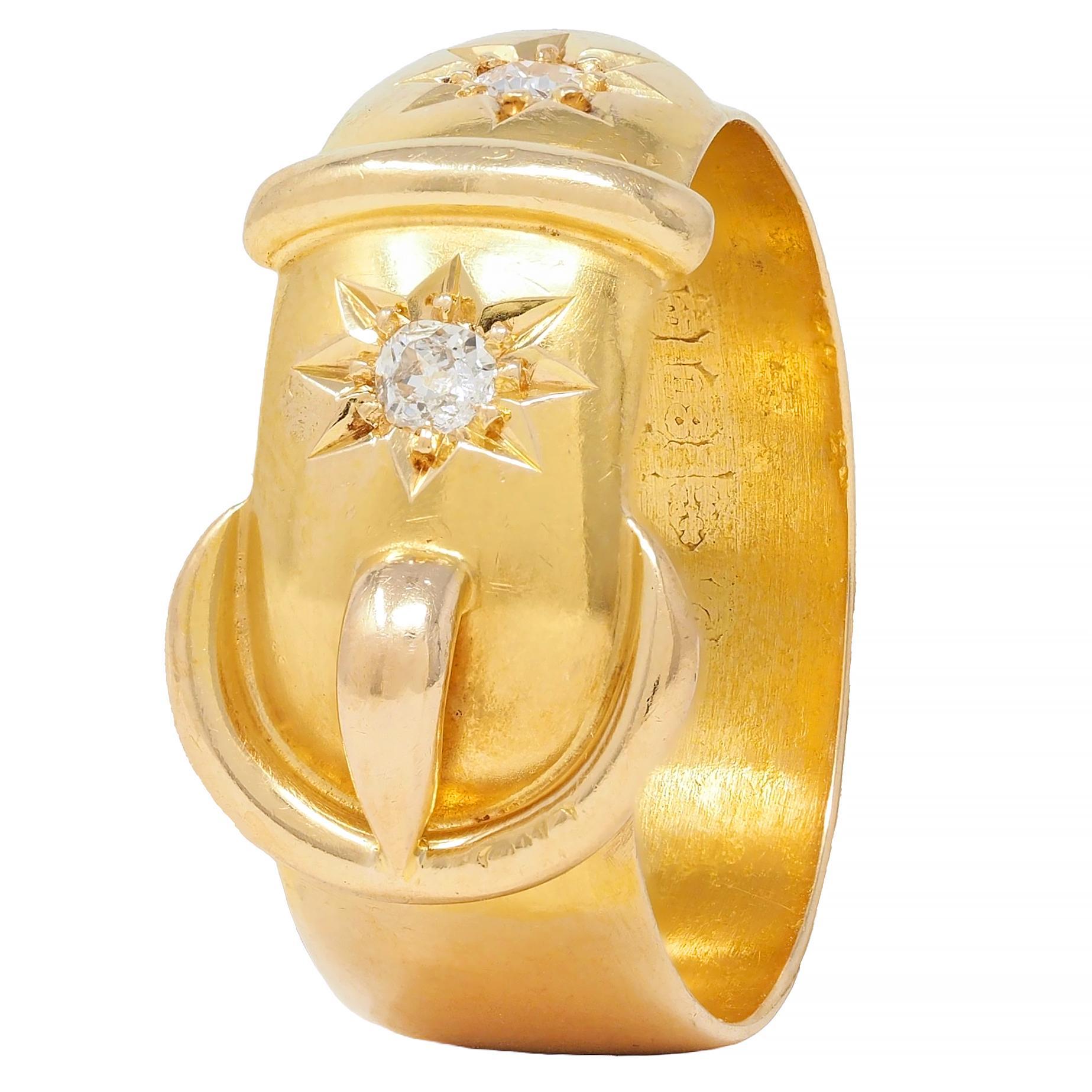 Late Victorian Old Mine Diamond 18 Karat Yellow Gold Antique Buckle Band Ring 1